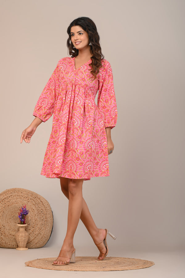 Cotton Pink Sun Flower Womens Short Dress