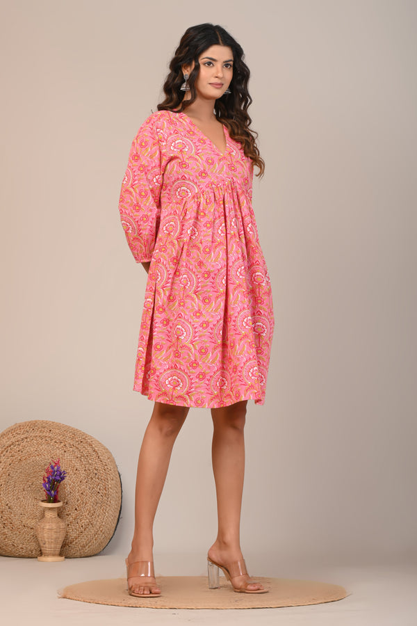 Cotton Pink Sun Flower Womens Short Dress