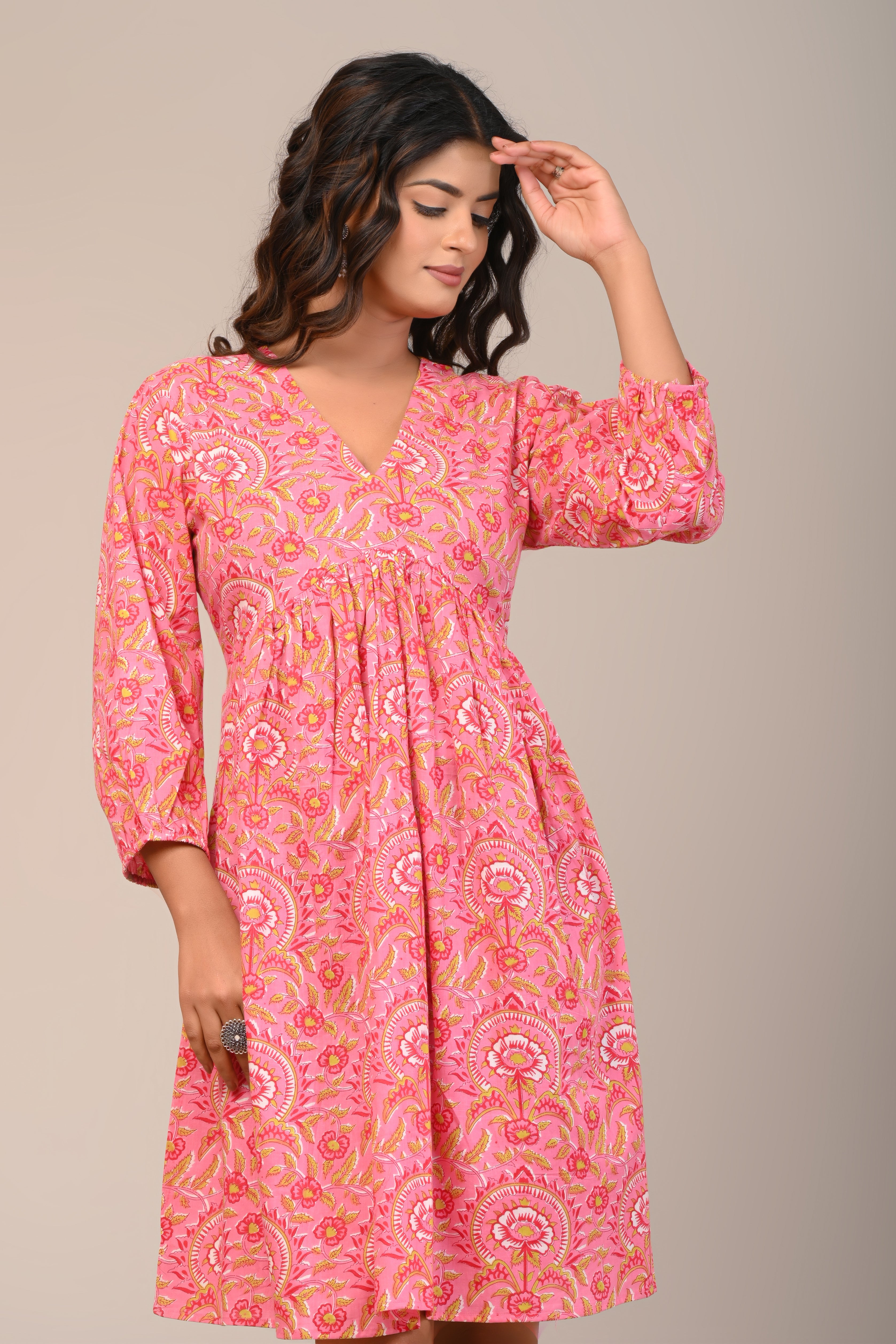 Cotton Pink Sun Flower Womens Short Dress