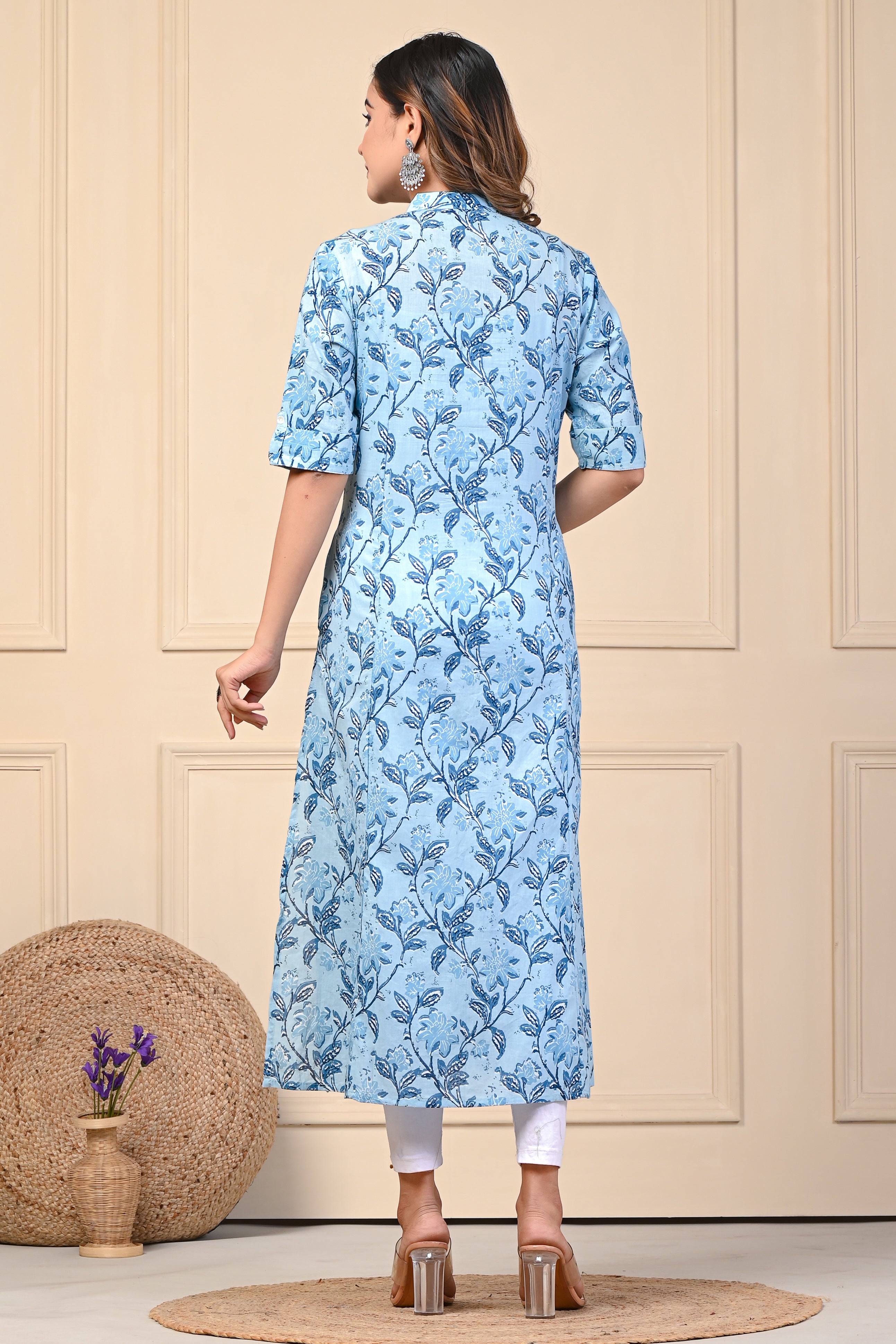Cotton Ocean Blue Floral Motif Kurti