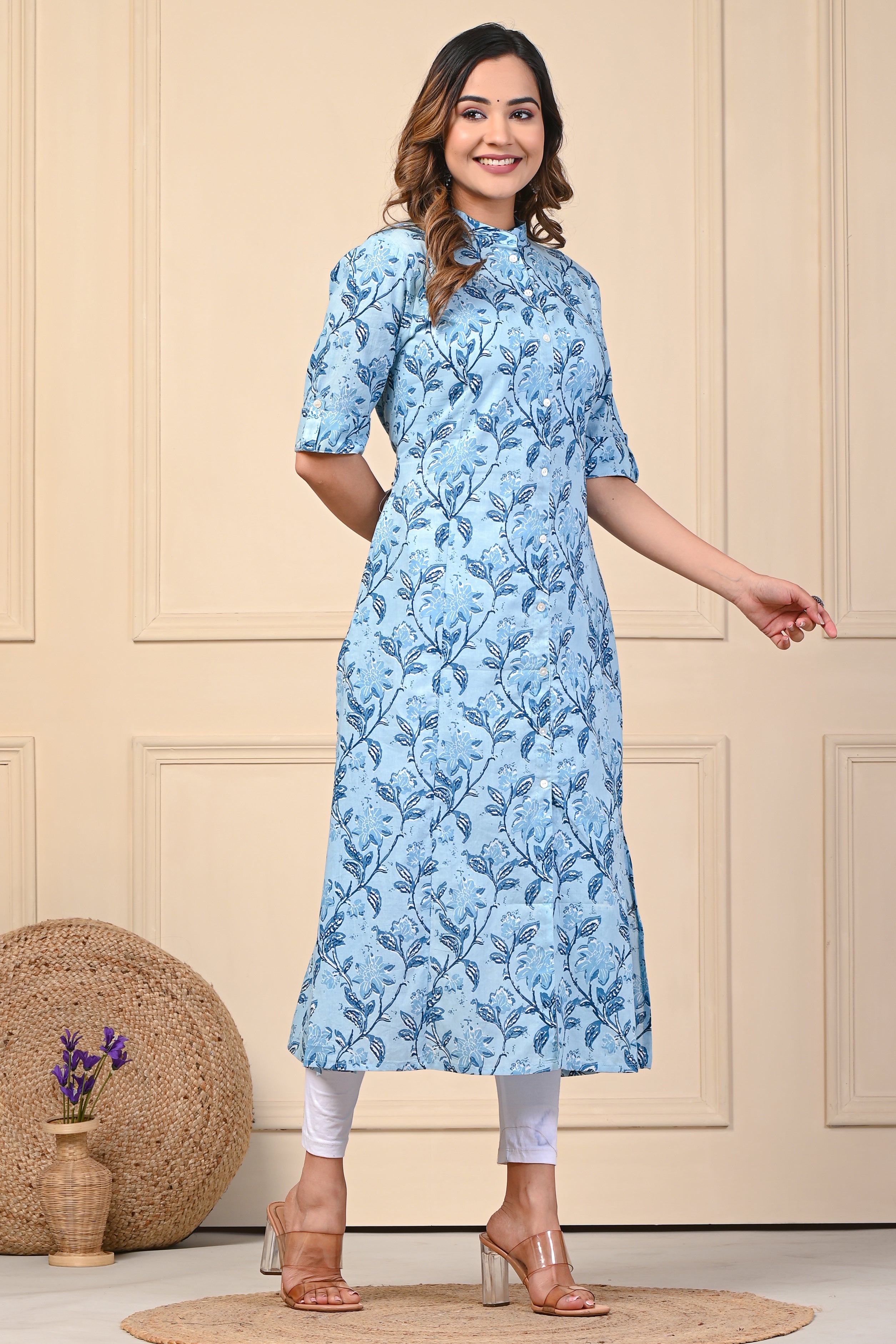 Cotton Ocean Blue Floral Motif Kurti