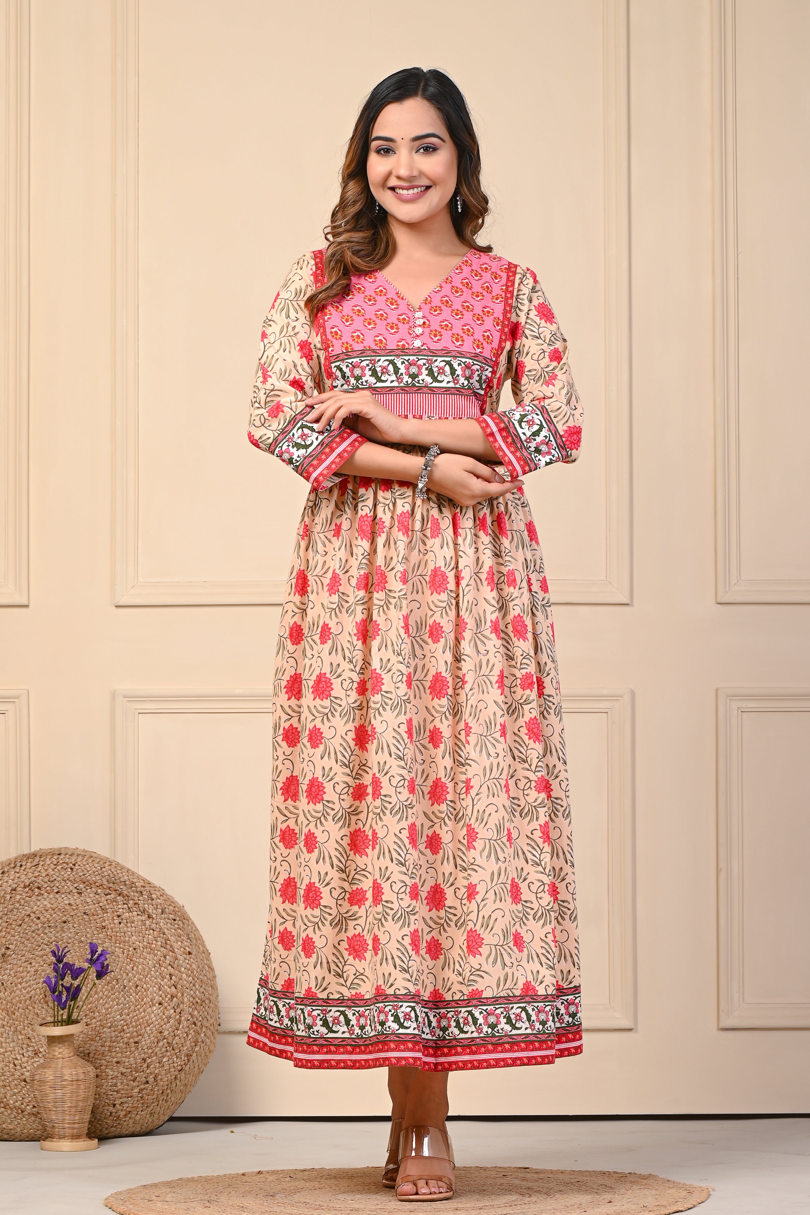 Cotton Cream Red Floral Anarkali Kurti