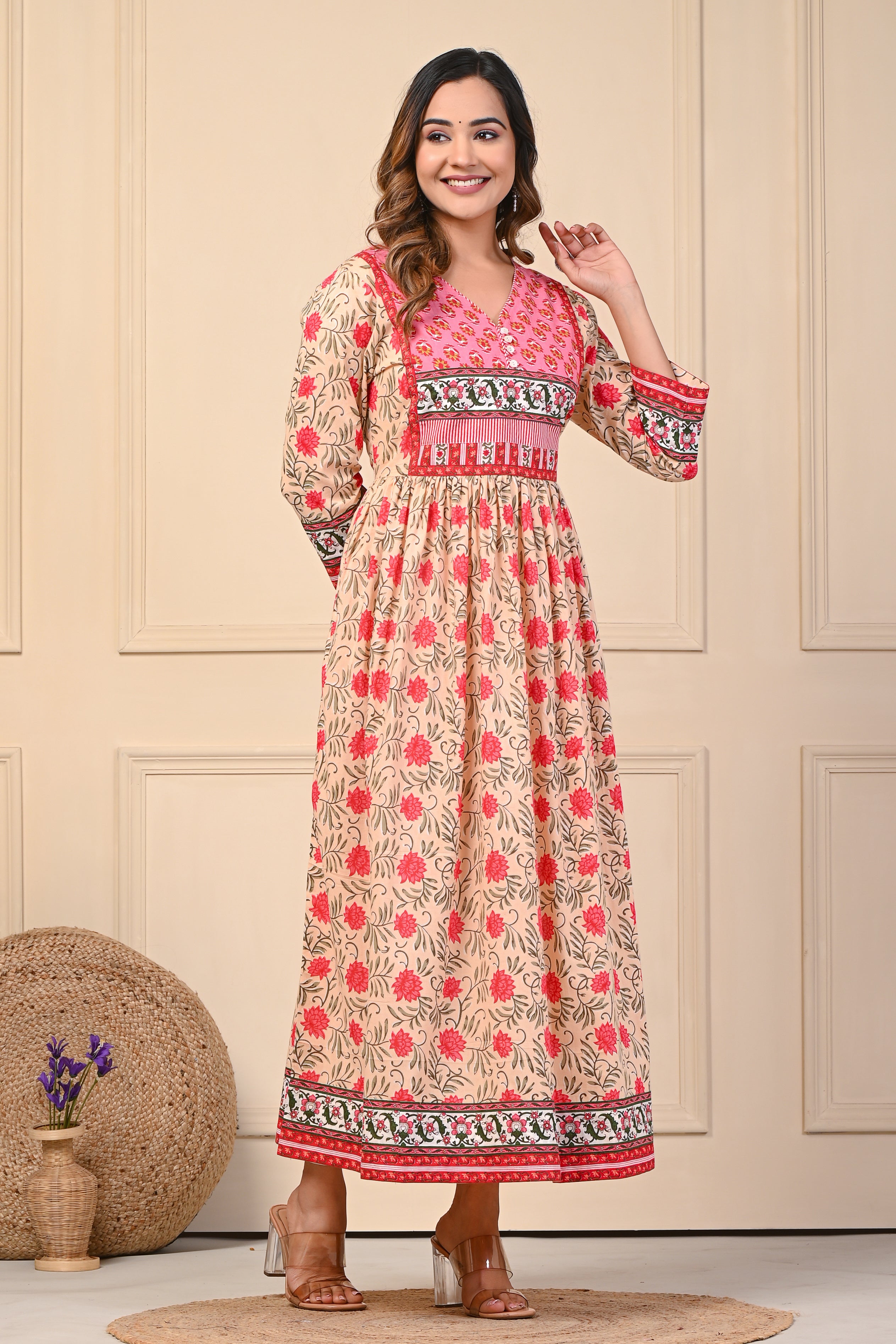 Cotton Cream Red Floral Anarkali Kurti
