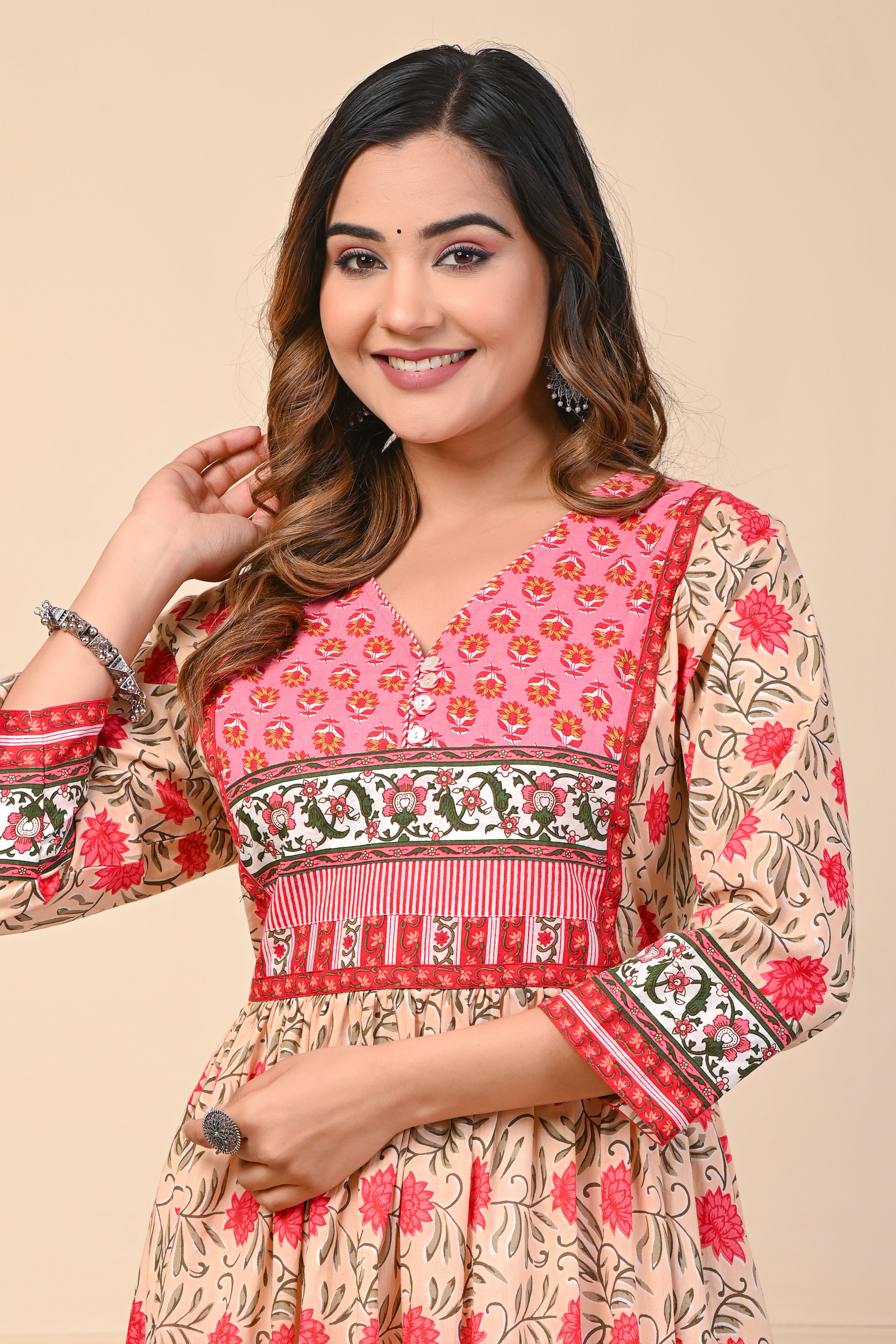 Cotton Cream Red Floral Anarkali Kurti