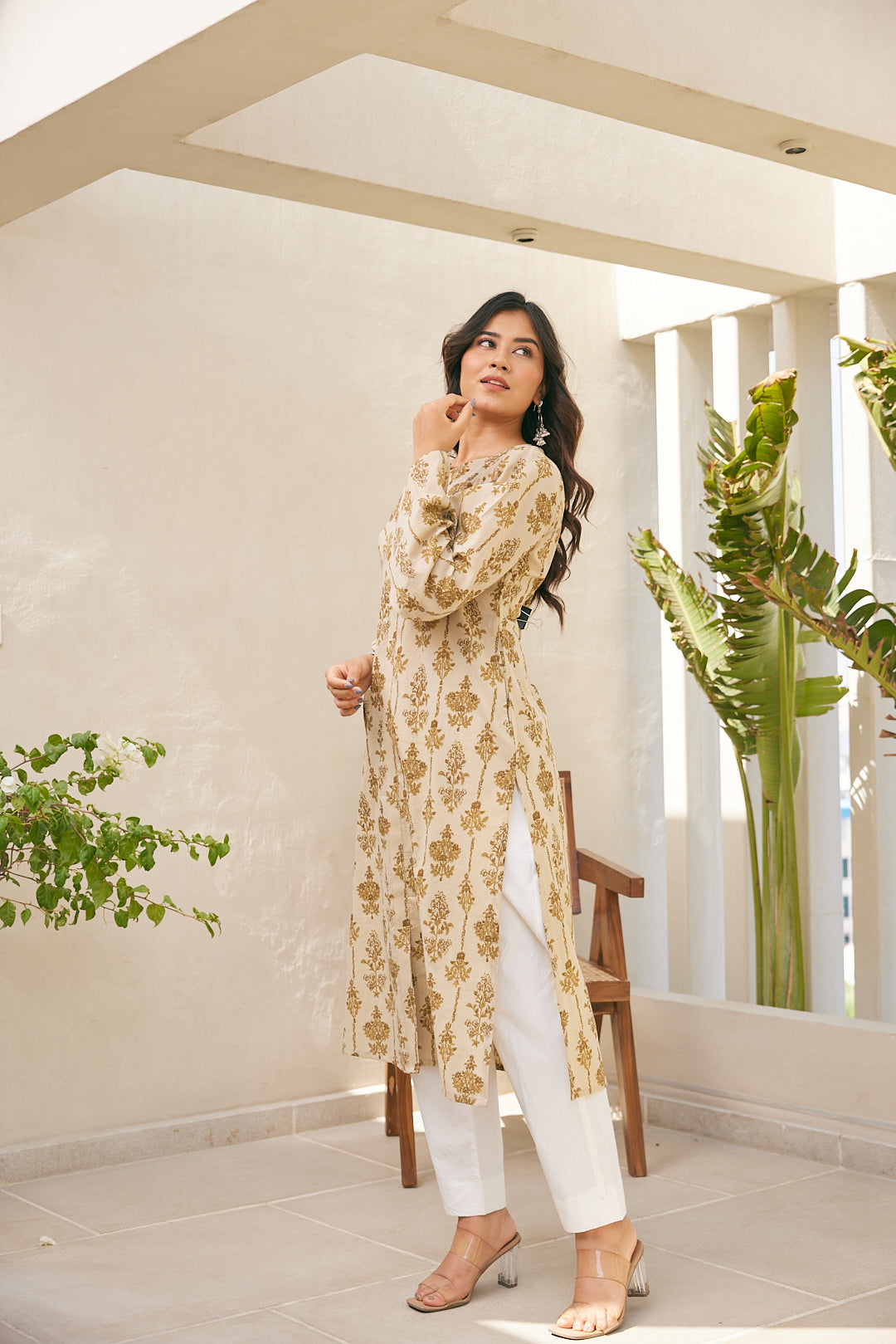 Cotton Brown Floral Long Kurti