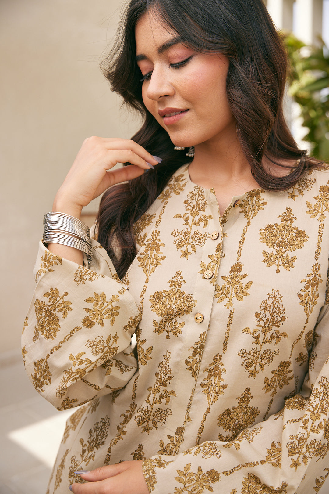 Cotton Brown Floral Long Kurti