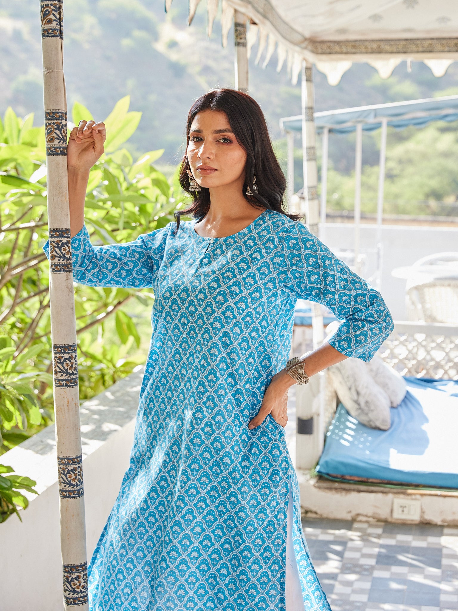 Cotton Blue Floral Long Kurti
