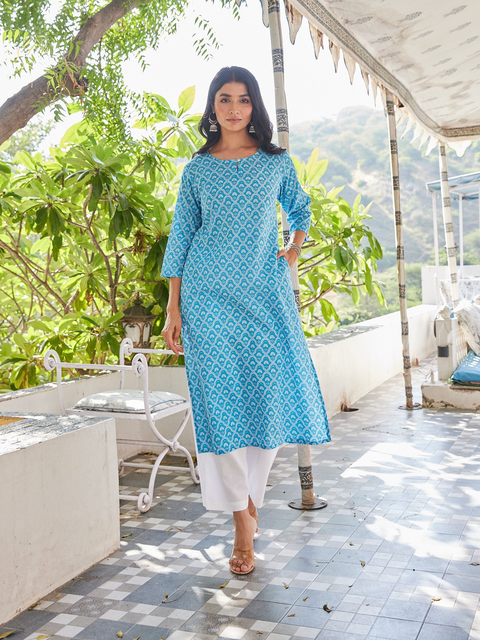Cotton Blue Floral Long Kurti