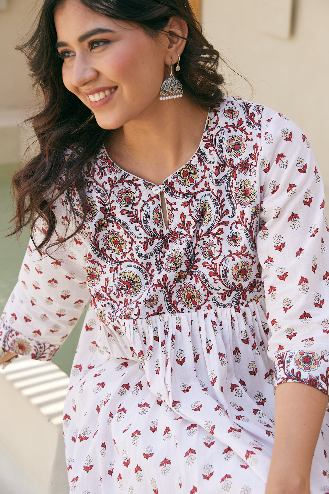 Cotton White-Red Floral Long Kurti