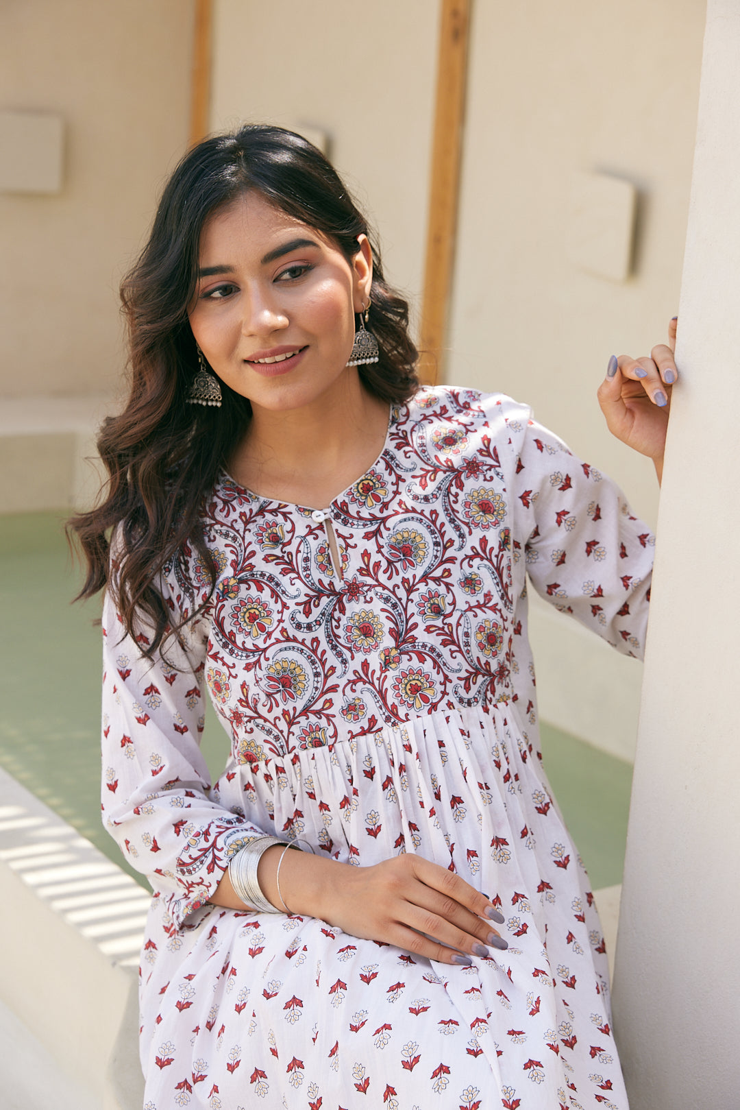 Cotton White-Red Floral Long Kurti