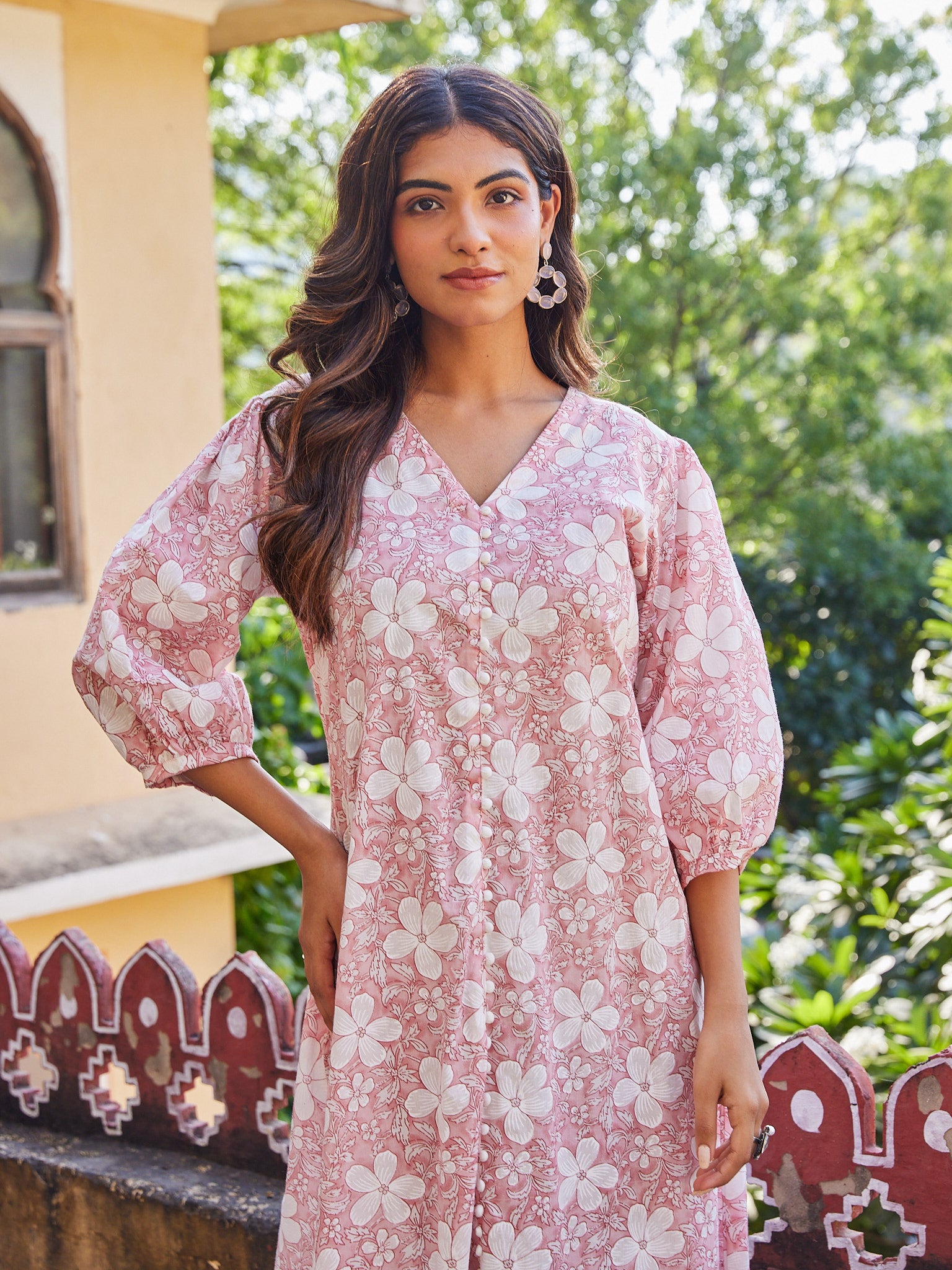 Cotton Pink-White Floral Long Kurti