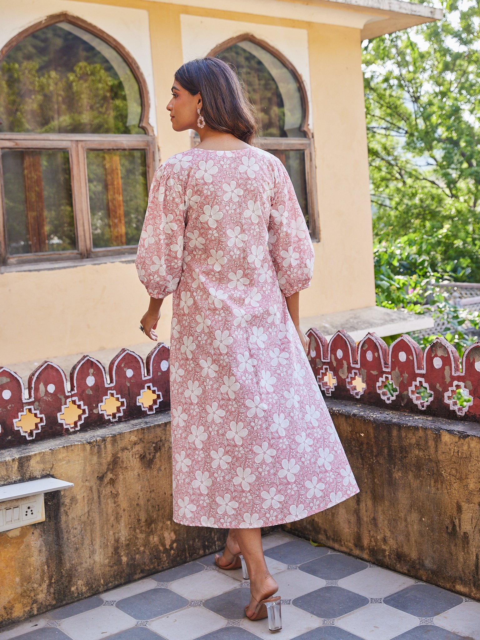 Cotton Pink-White Floral Long Kurti