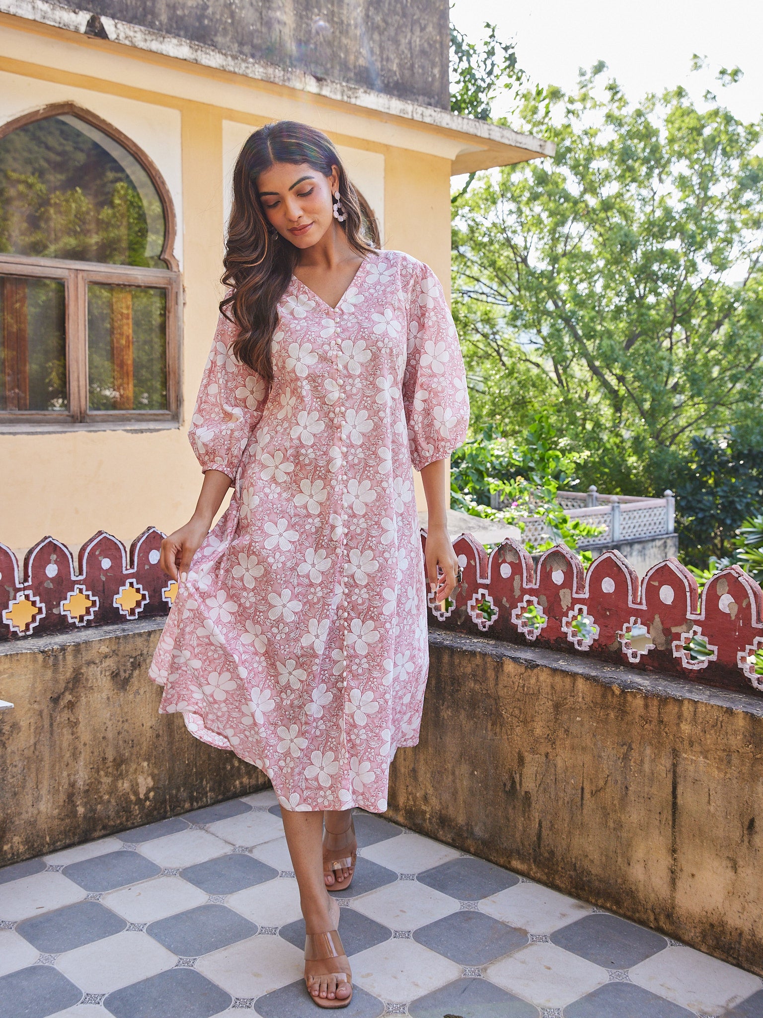 Cotton Pink-White Floral Long Kurti