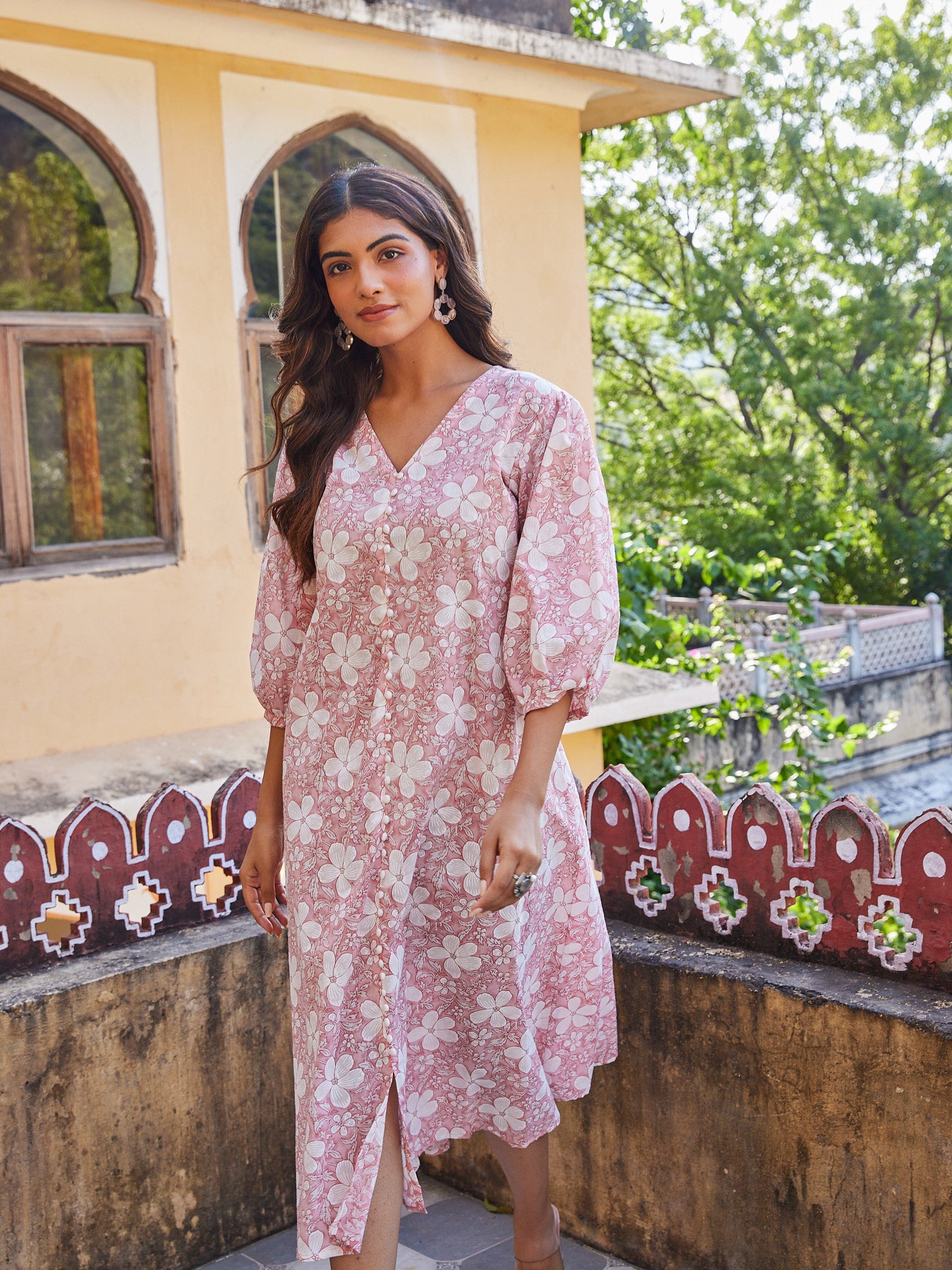 Cotton Pink-White Floral Long Kurti