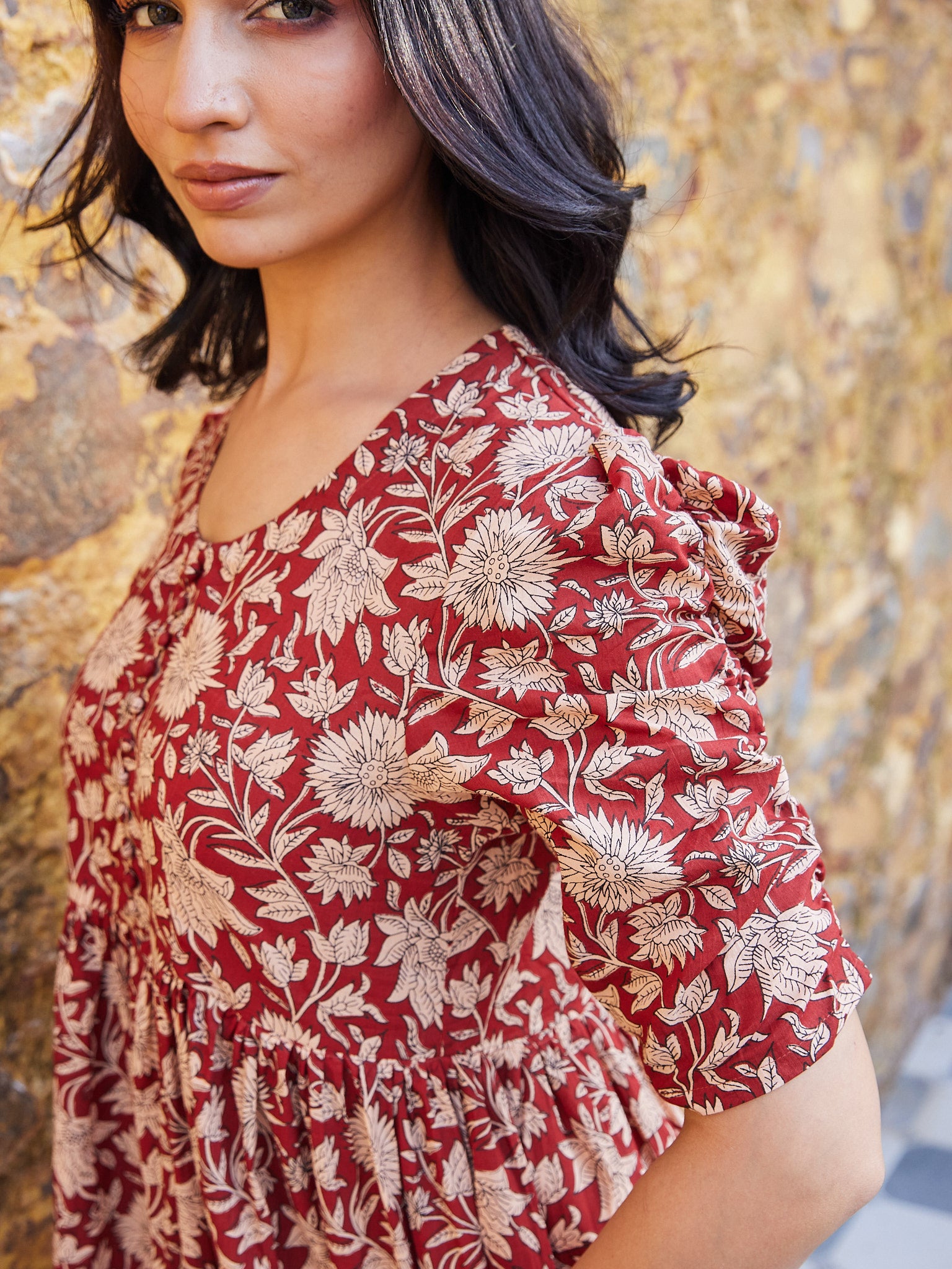 Cotton Red-Cream Floral Jaal Long Kurti
