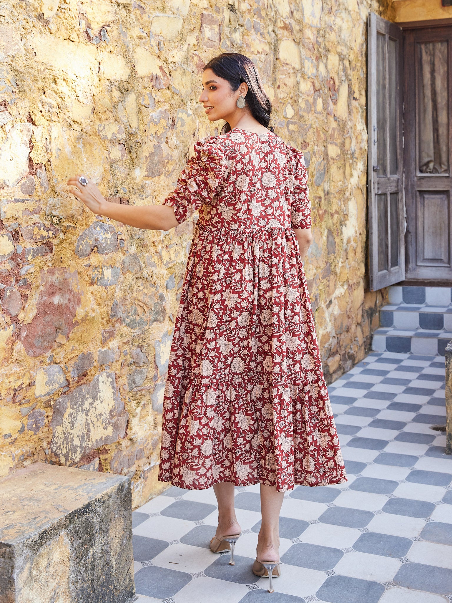 Cotton Red-Cream Floral Jaal Long Kurti