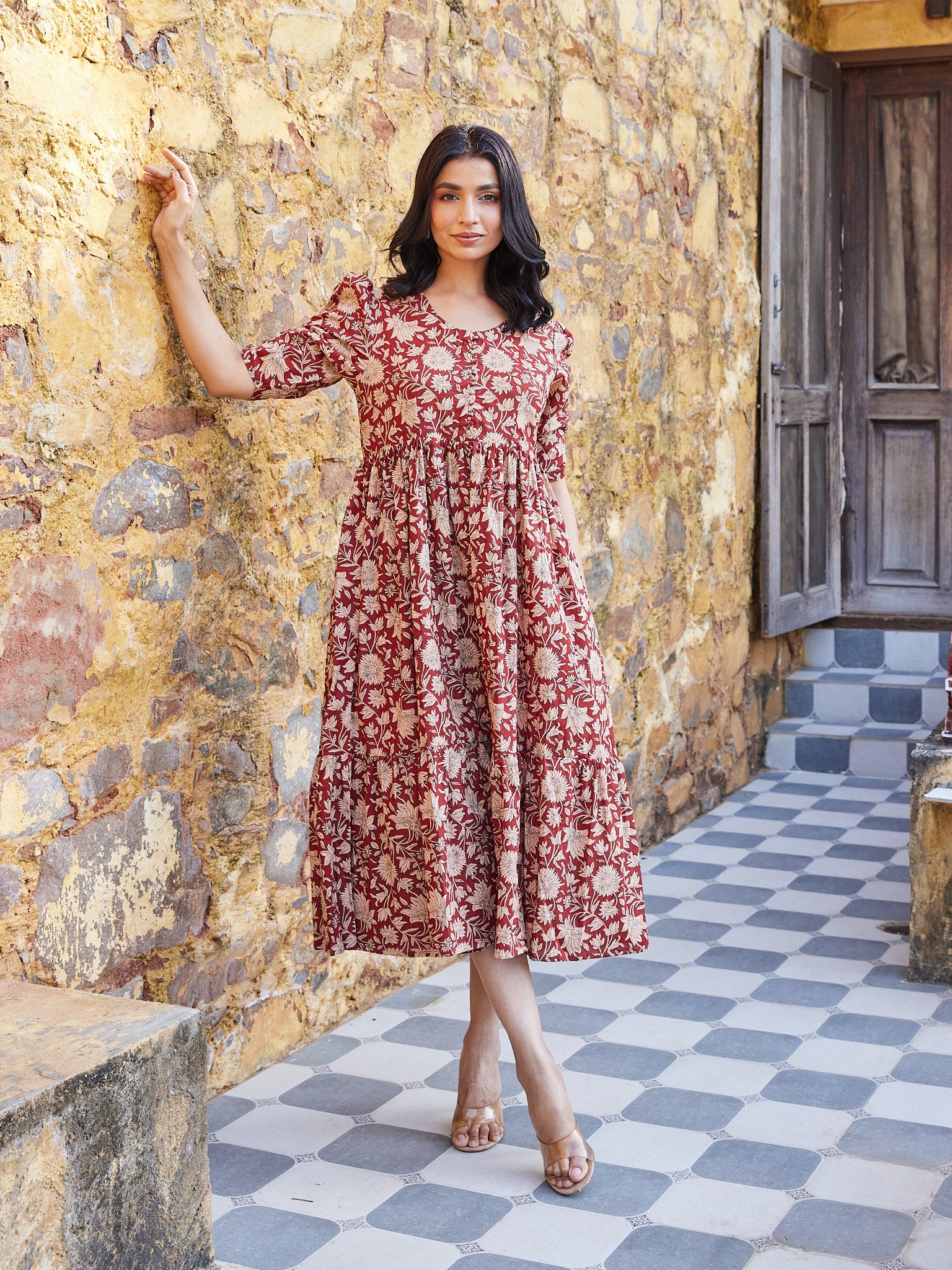 Cotton Red-Cream Floral Jaal Long Kurti