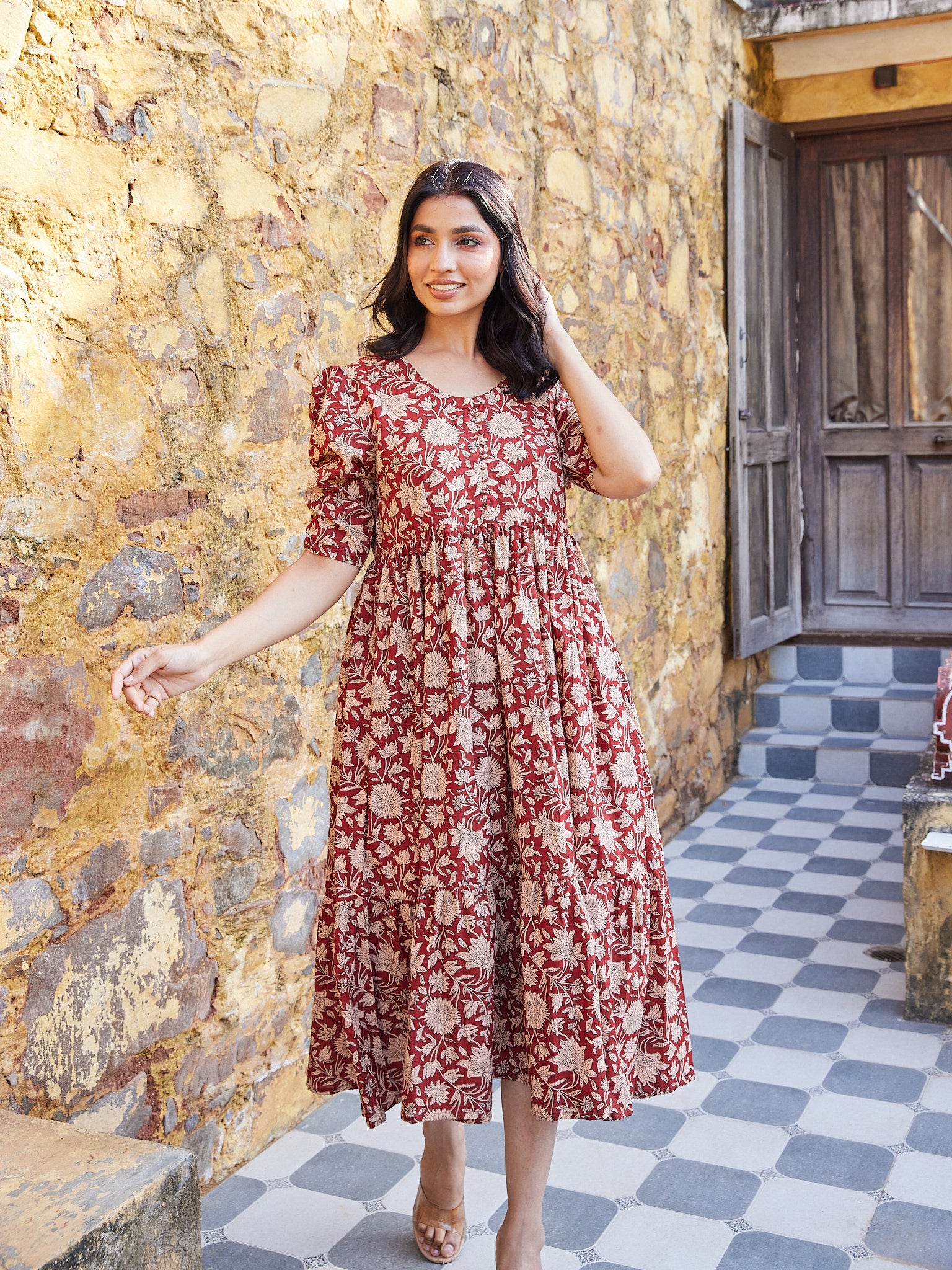 Cotton Red-Cream Floral Jaal Long Kurti