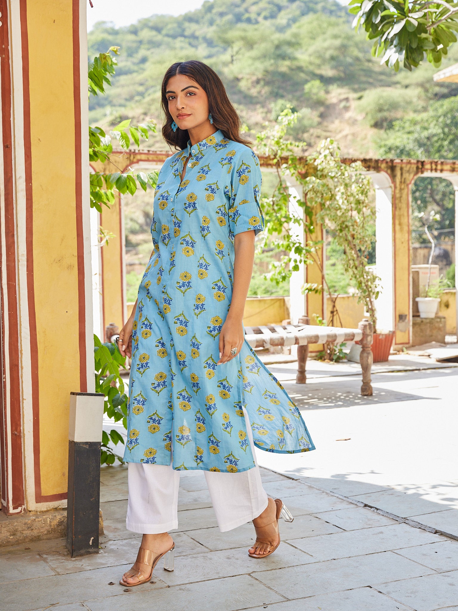 Cotton Women's Blue-Yellow Floral Long Kurti
