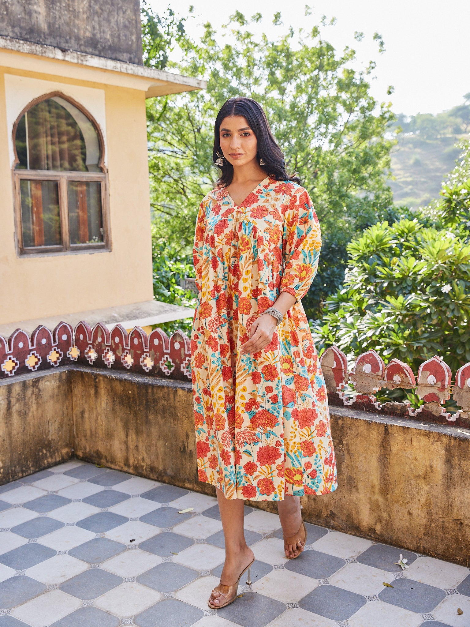 Cotton Women's Red-Orange Floral Long Kurti