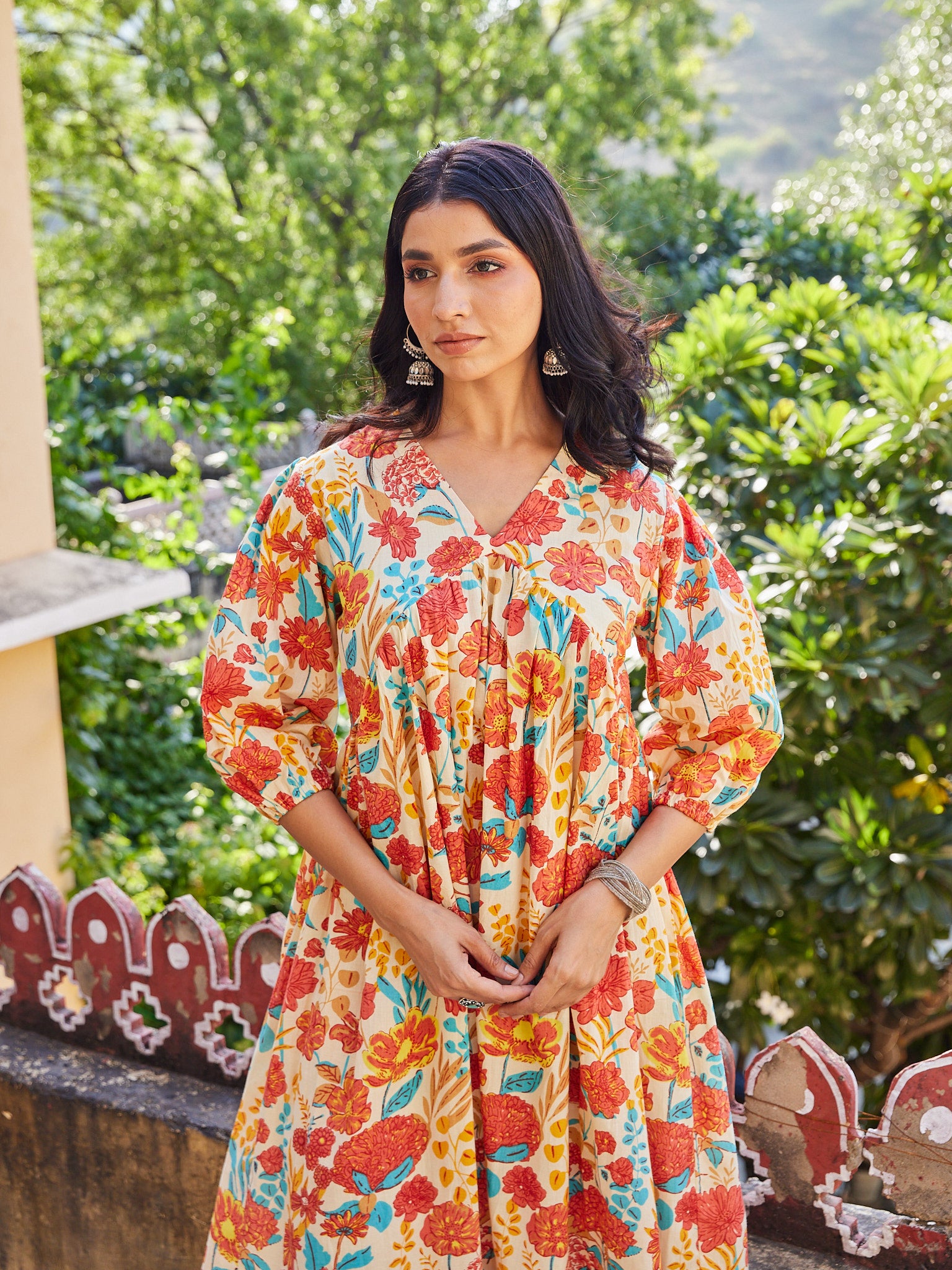 Cotton Women's Red-Orange Floral Long Kurti