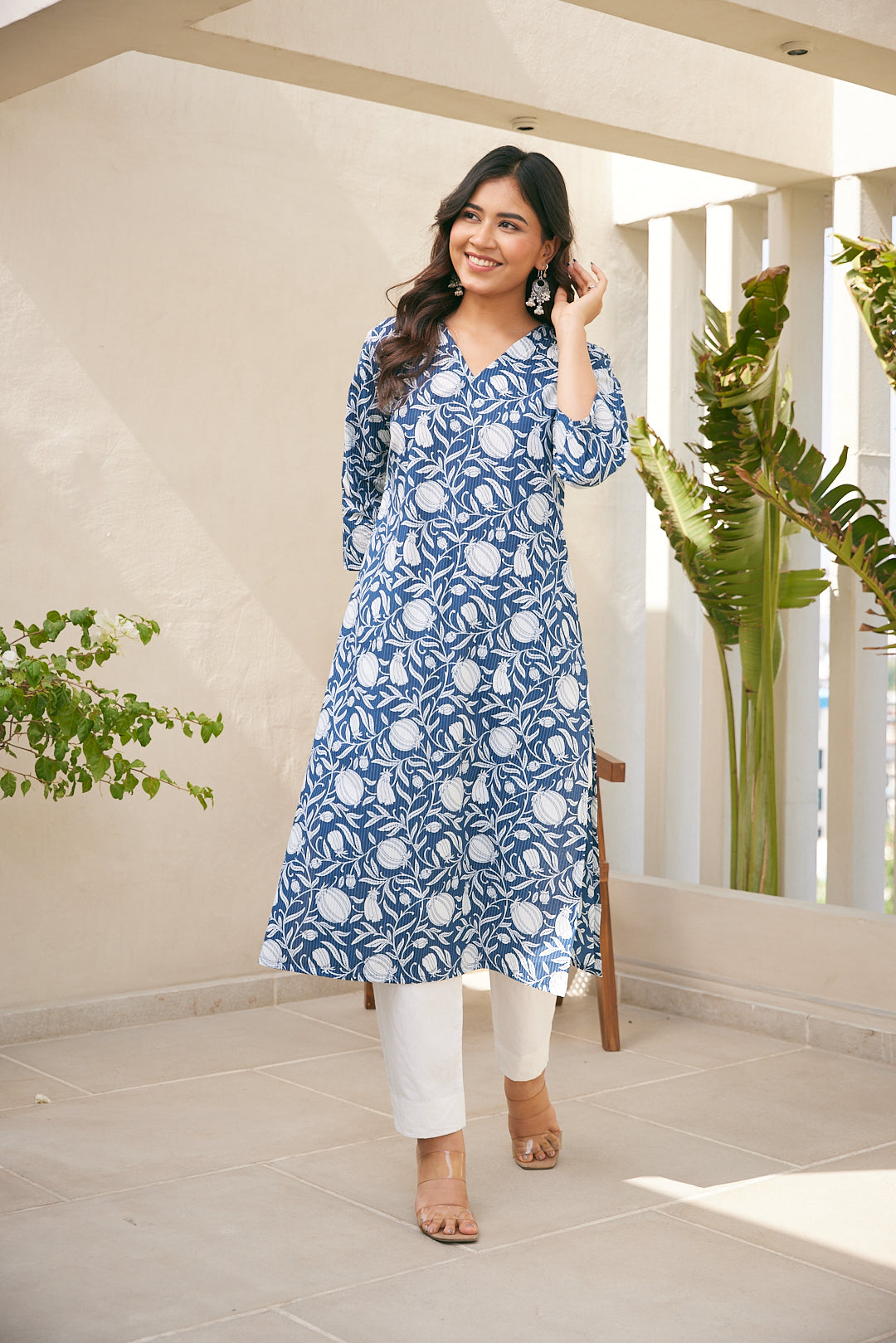 Cotton Blue Leaf Floral Long Kurti