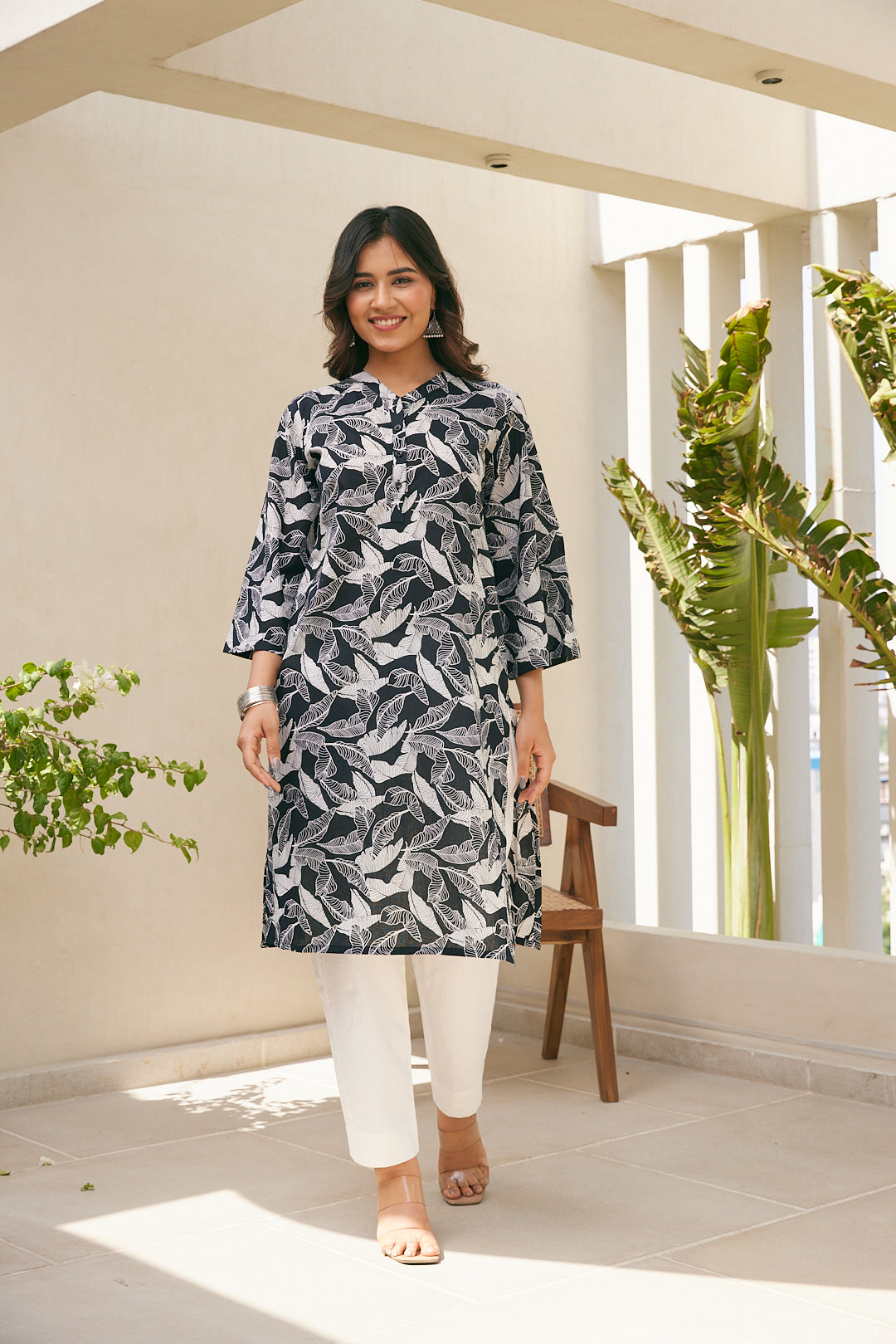 Cotton Black-White Leaf Long Kurti