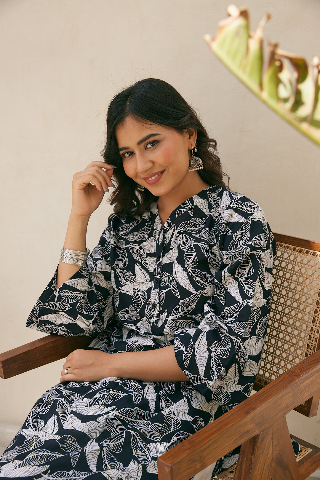 Cotton Black-White Leaf Long Kurti