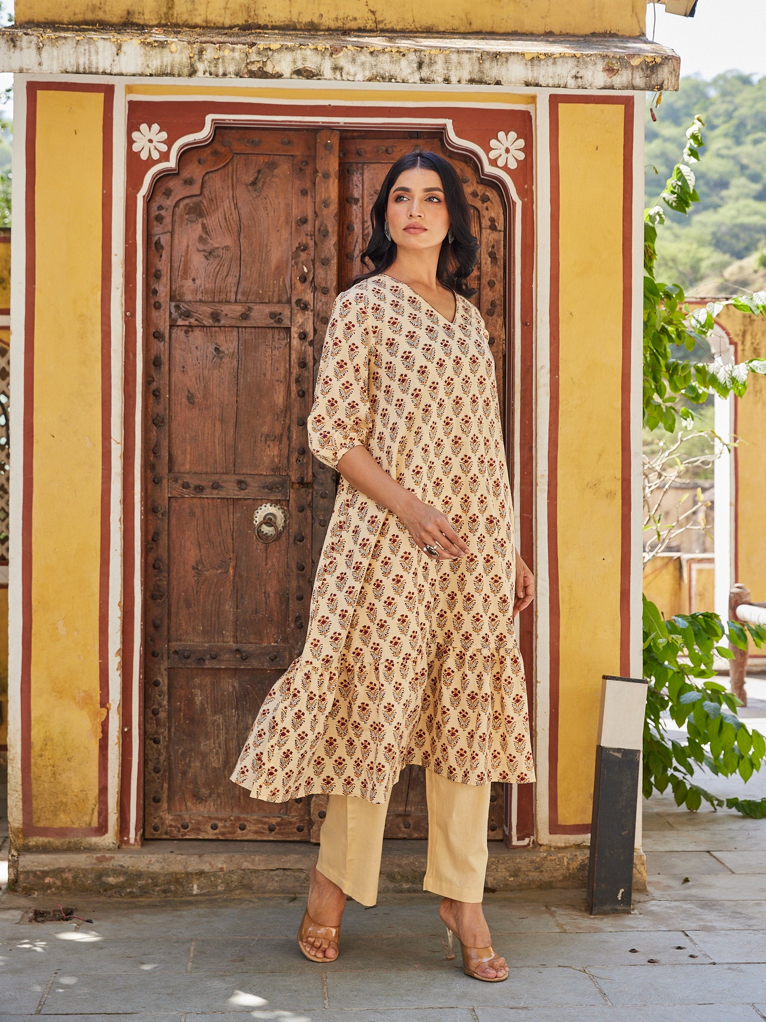 Cotton Cream-Red Floral Women's Long Kurti