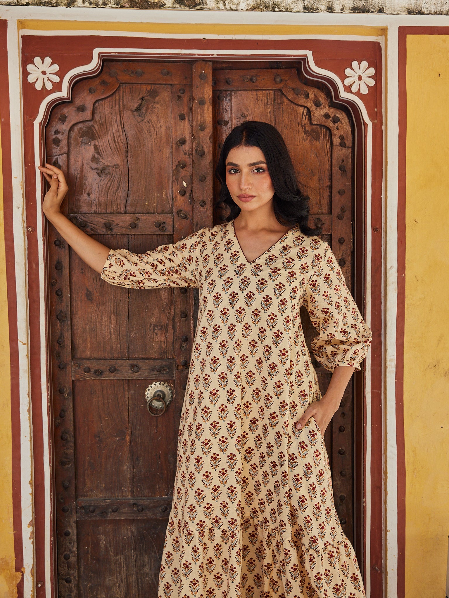 Cotton Cream-Red Floral Women's Long Kurti