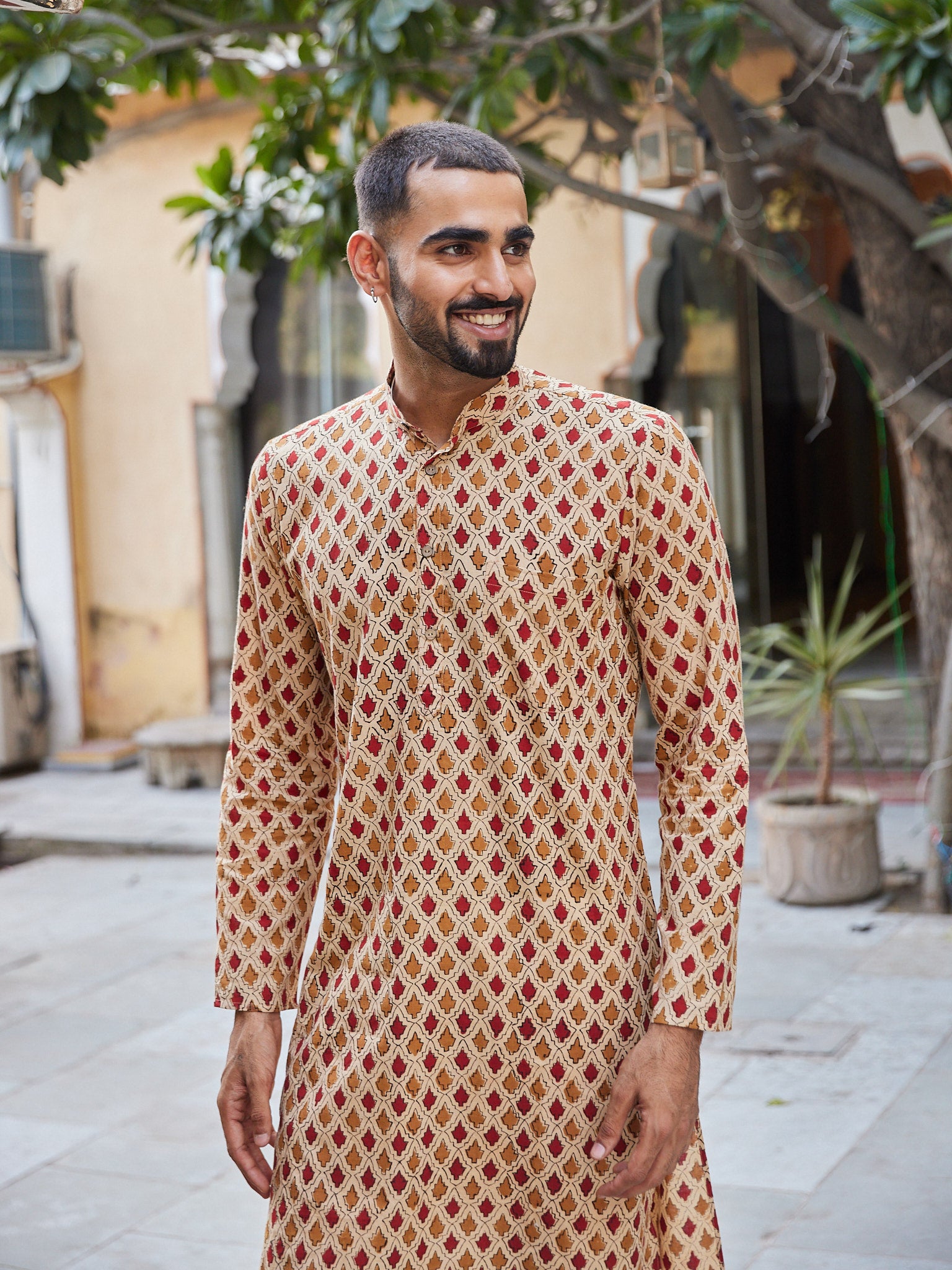 Cotton Red-Brown Booti Block Print Men's Ethnic Kurta