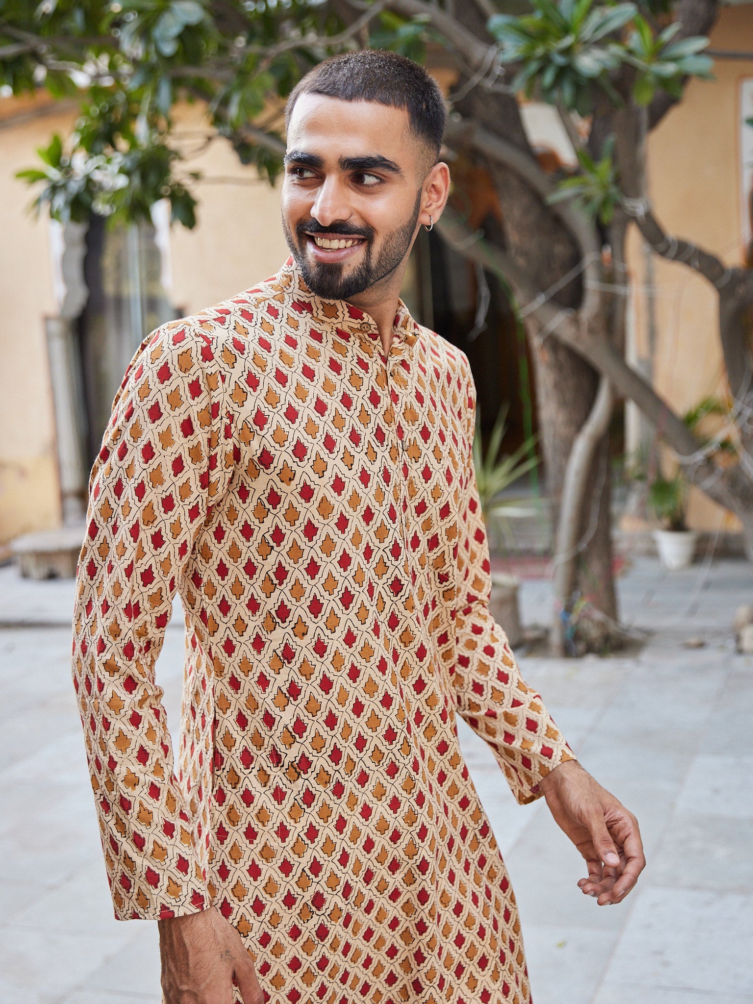 Cotton Red-Brown Booti Block Print Men's Ethnic Kurta