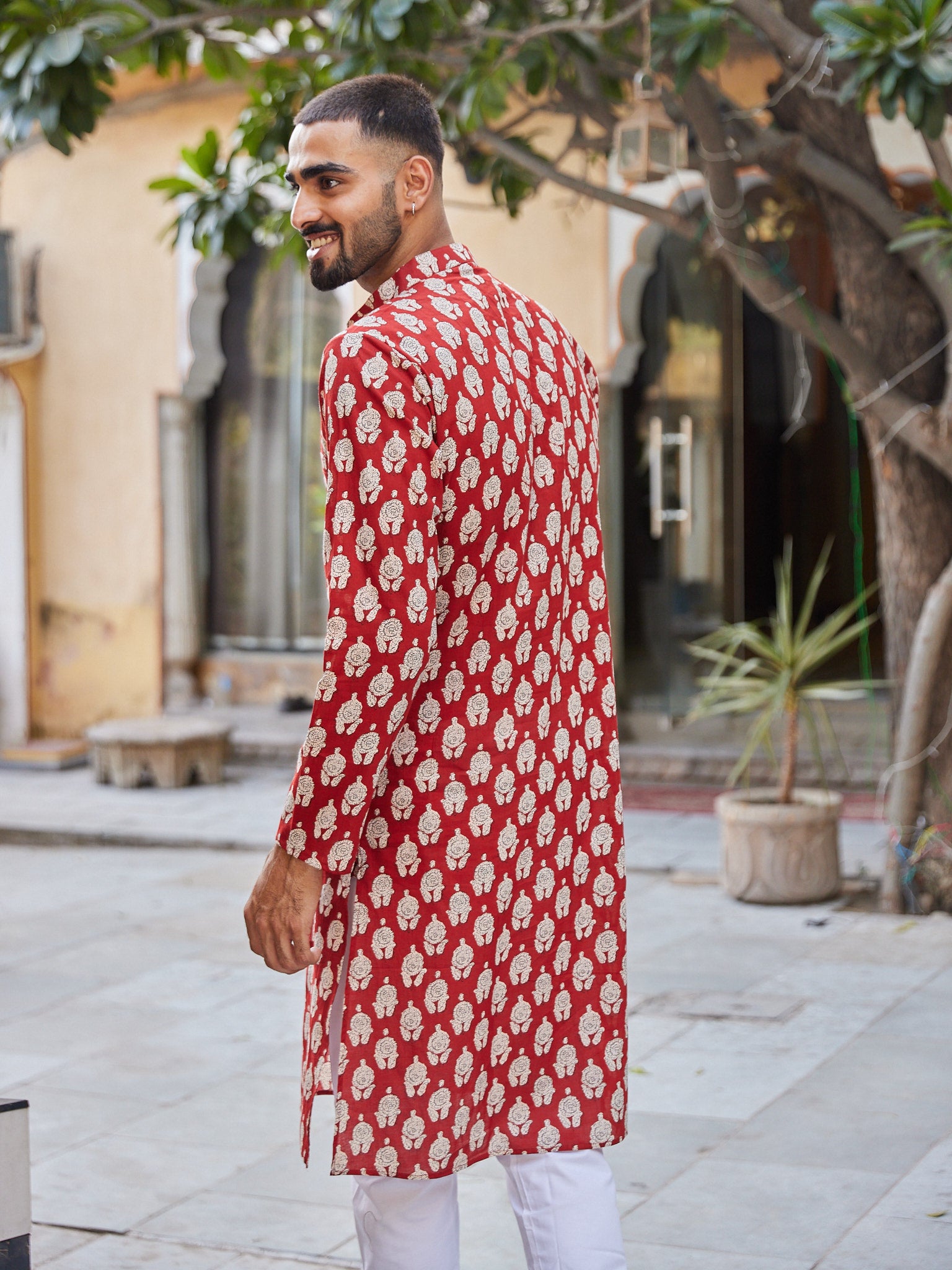 Cotton red-Cream Floral Men's Ethnic Kurta