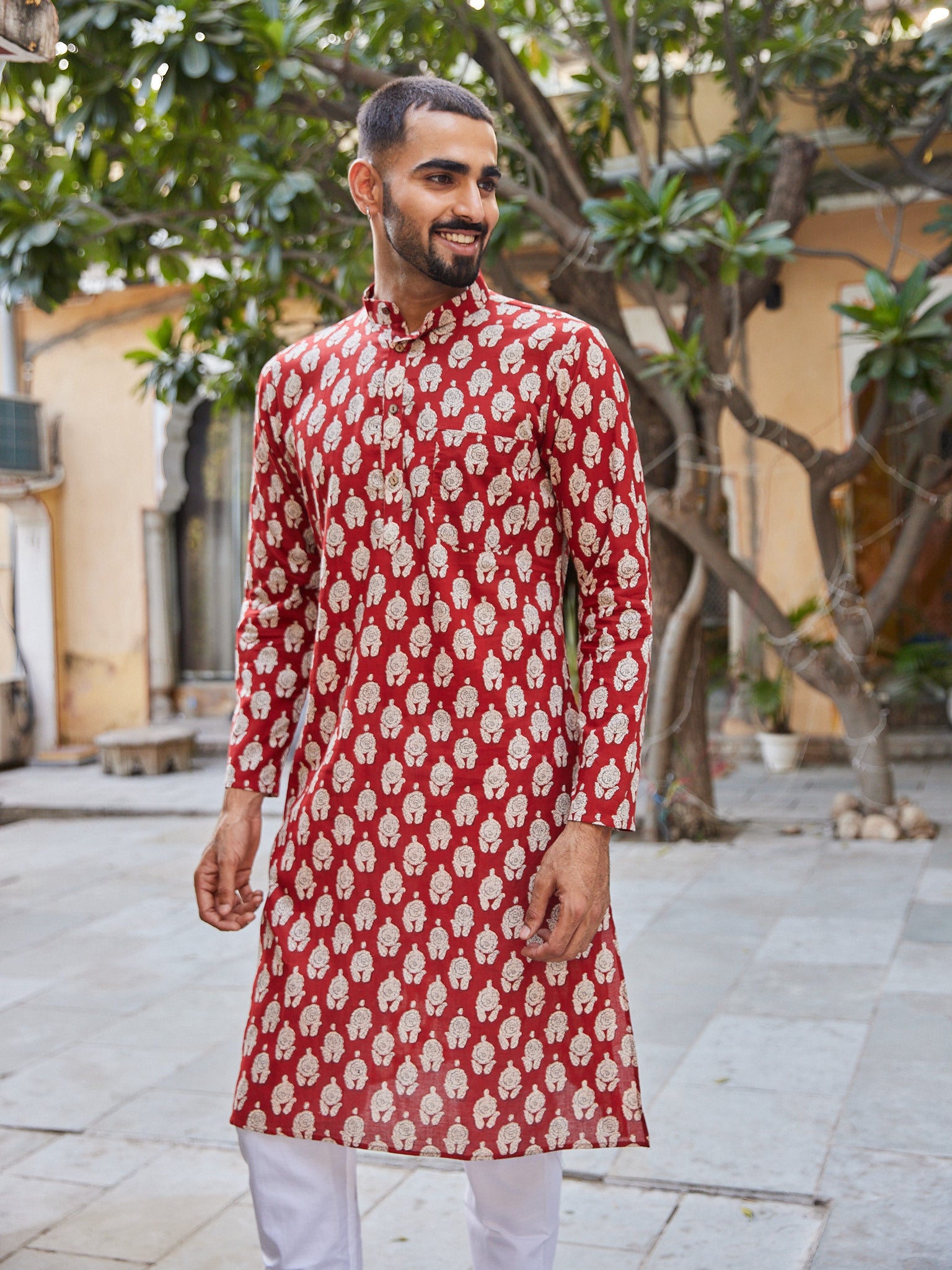 Cotton red-Cream Floral Men's Ethnic Kurta - Main Image
