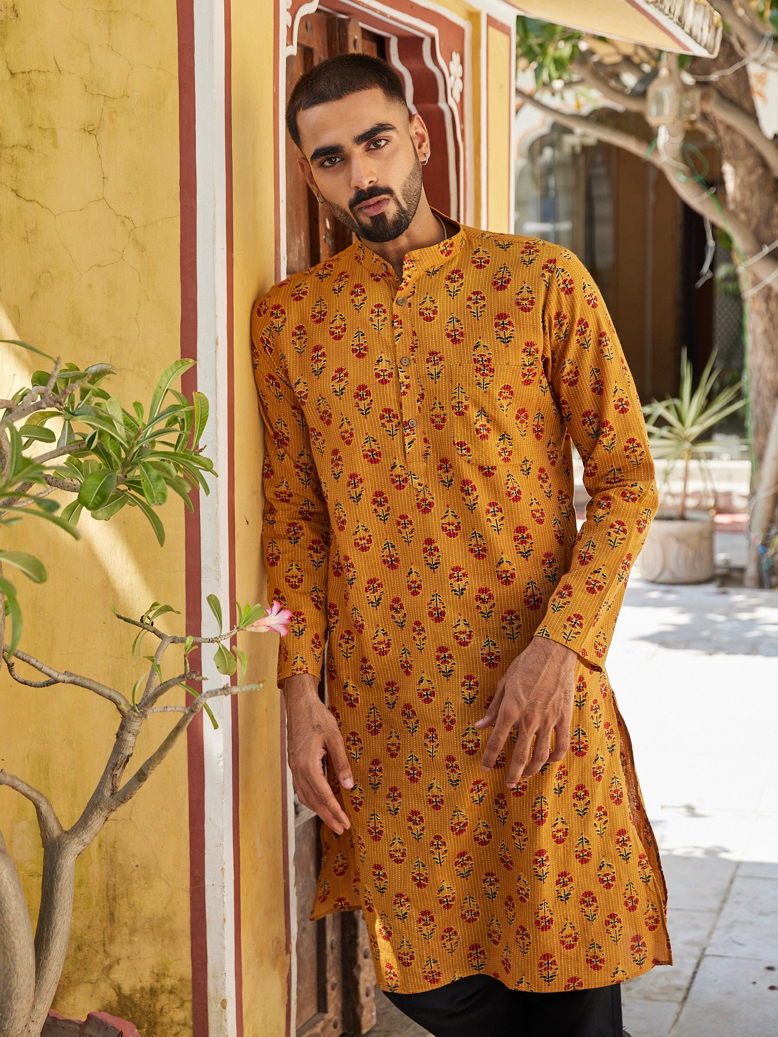 Cotton Mustard Booti Kantha Men's Ethnic Kurta