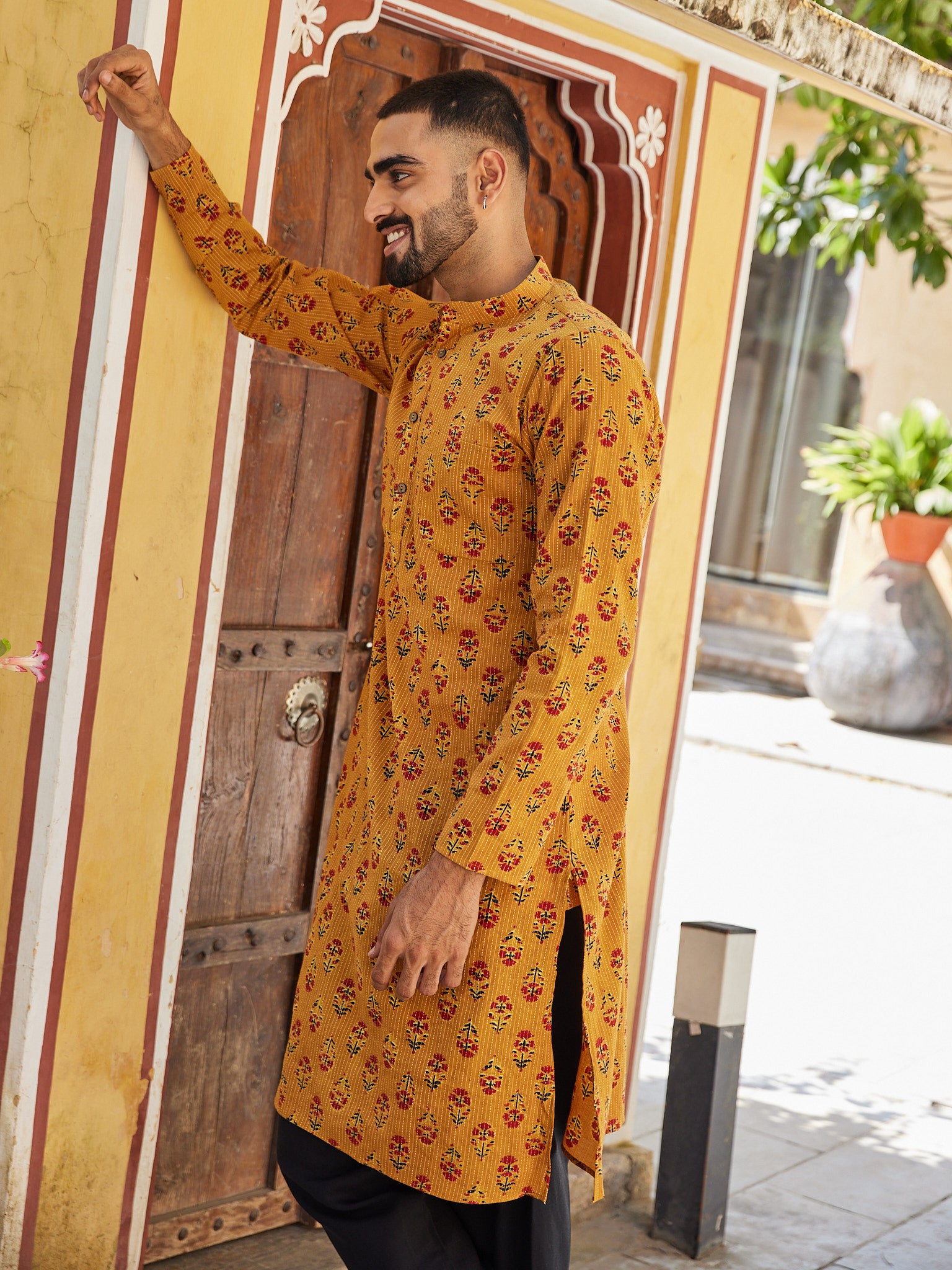 Cotton Mustard Booti Kantha Men's Ethnic Kurta