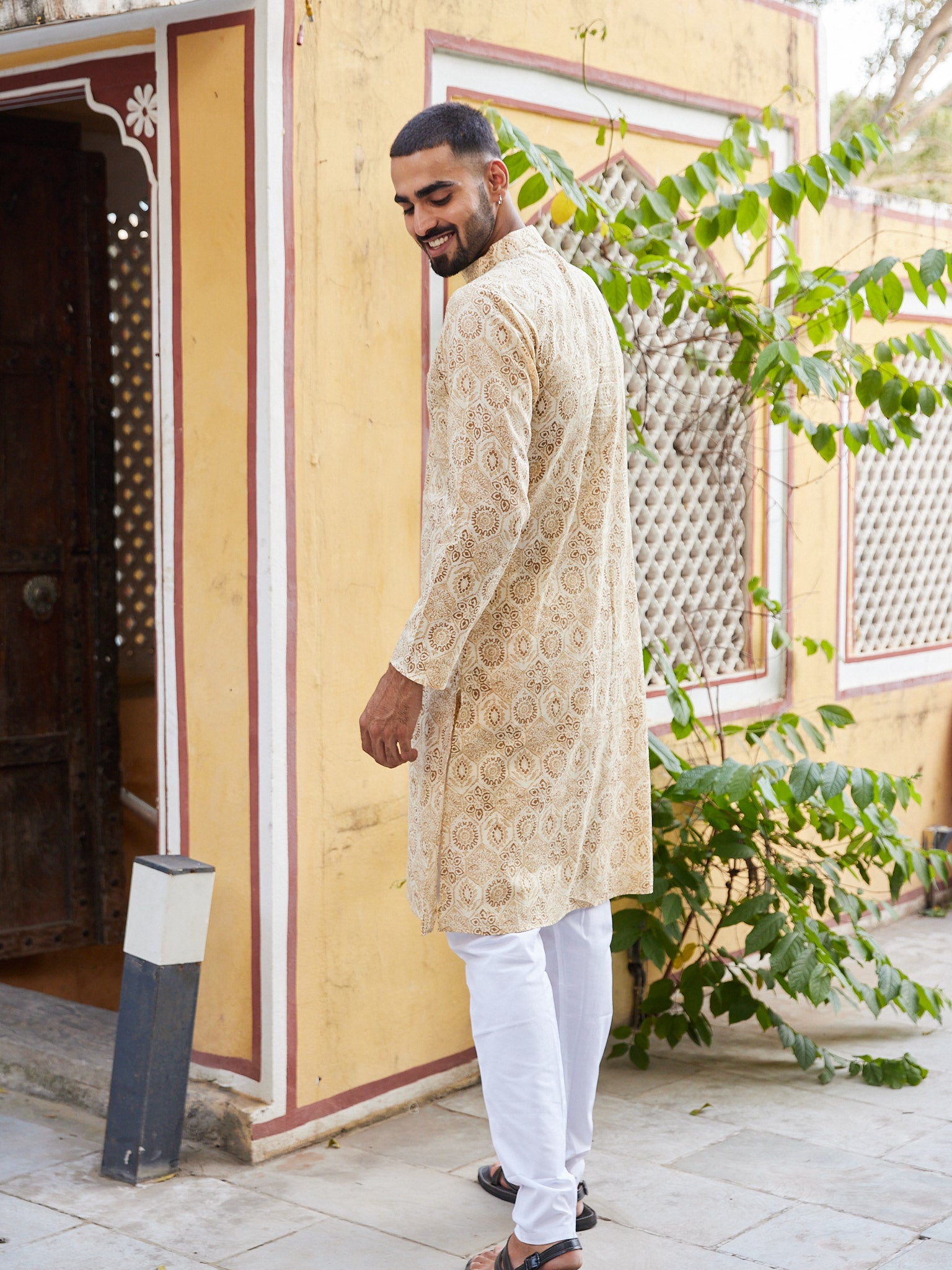 Cotton Cream-Brown Floral Men's Ethnic Kurta