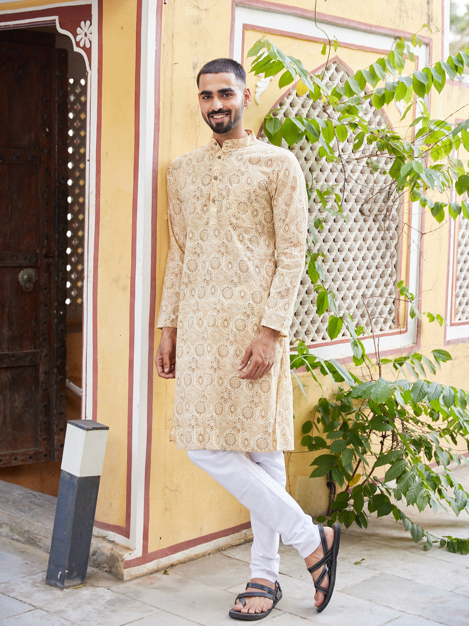 Cotton Cream-Brown Floral Men's Ethnic Kurta