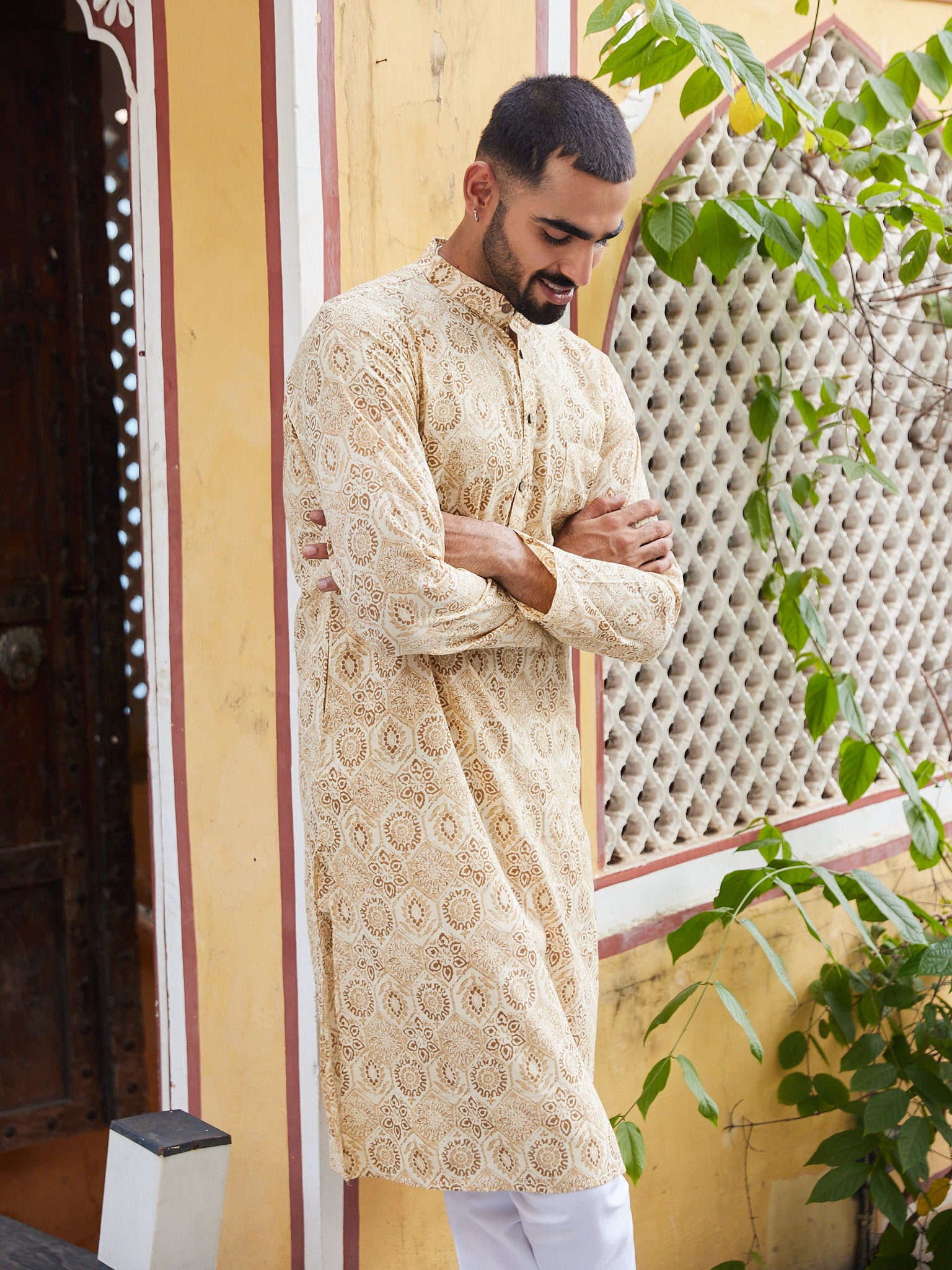 Cotton Cream-Brown Floral Men's Ethnic Kurta