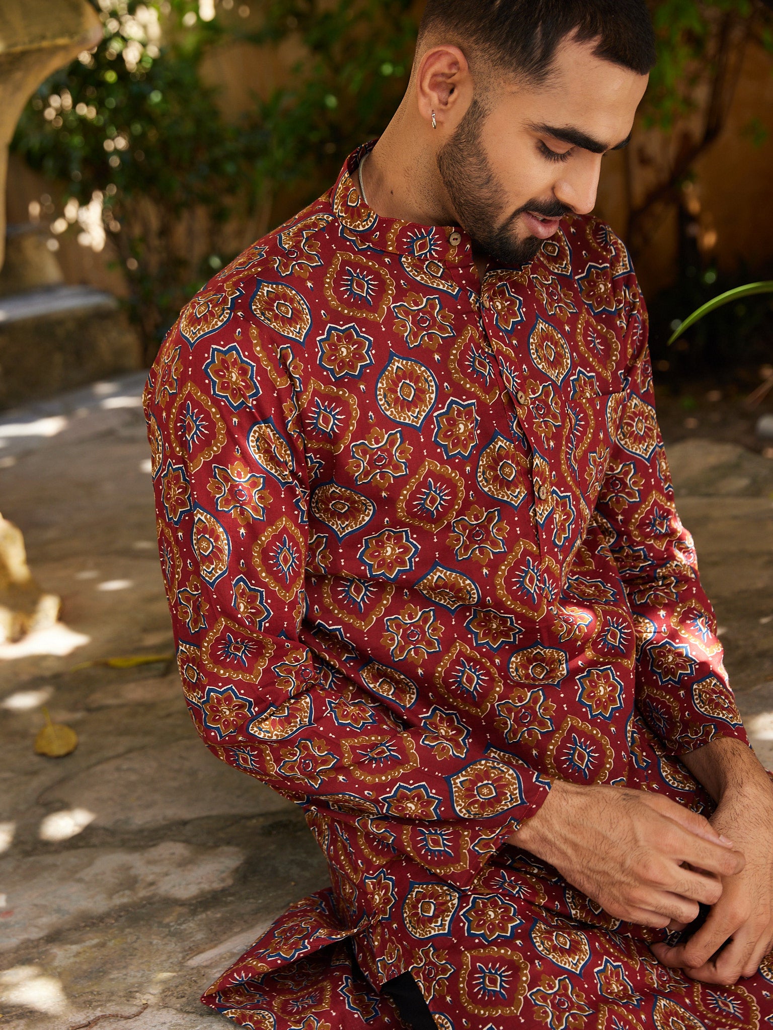 Cotton Red-Mustard Geometric Bagru Print Men's Ethnic Kurta