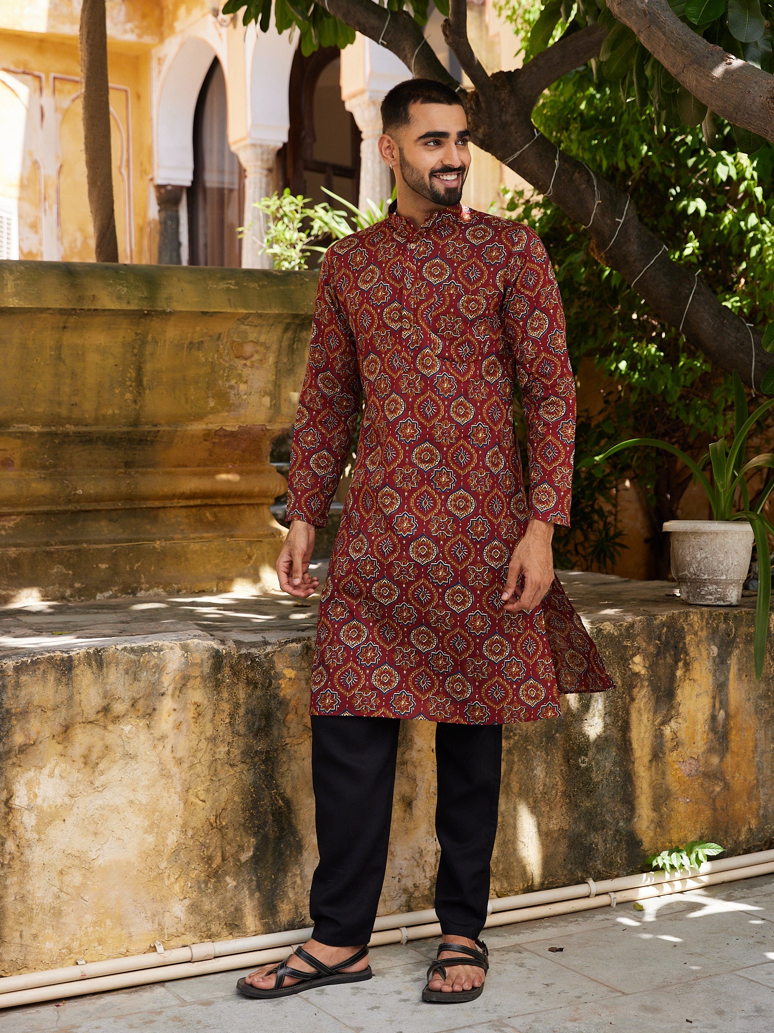 Cotton Red-Mustard Geometric Bagru Print Men's Ethnic Kurta