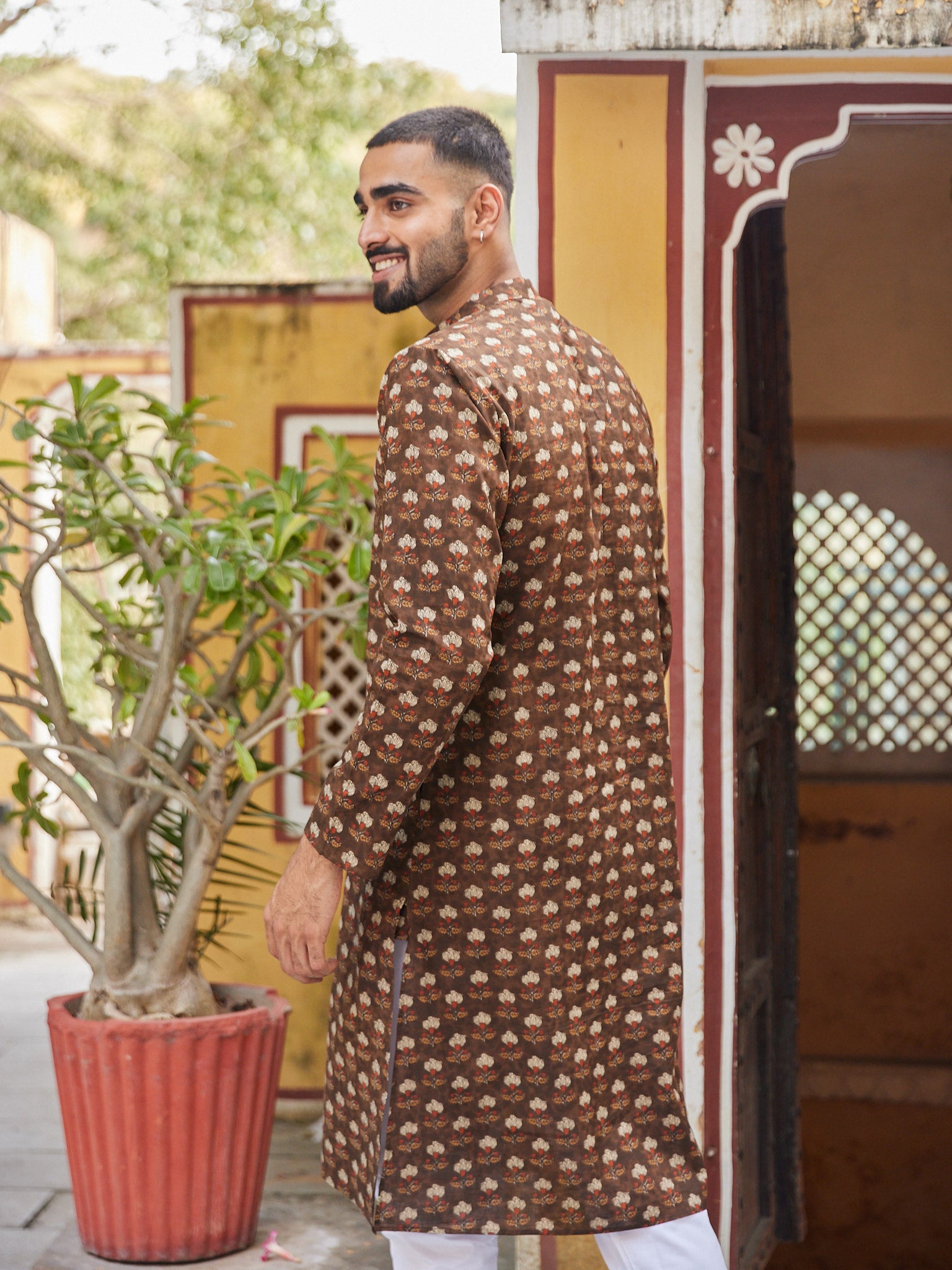Cotton Brown-red Bagru Block Print Men's Ethnic Kurta