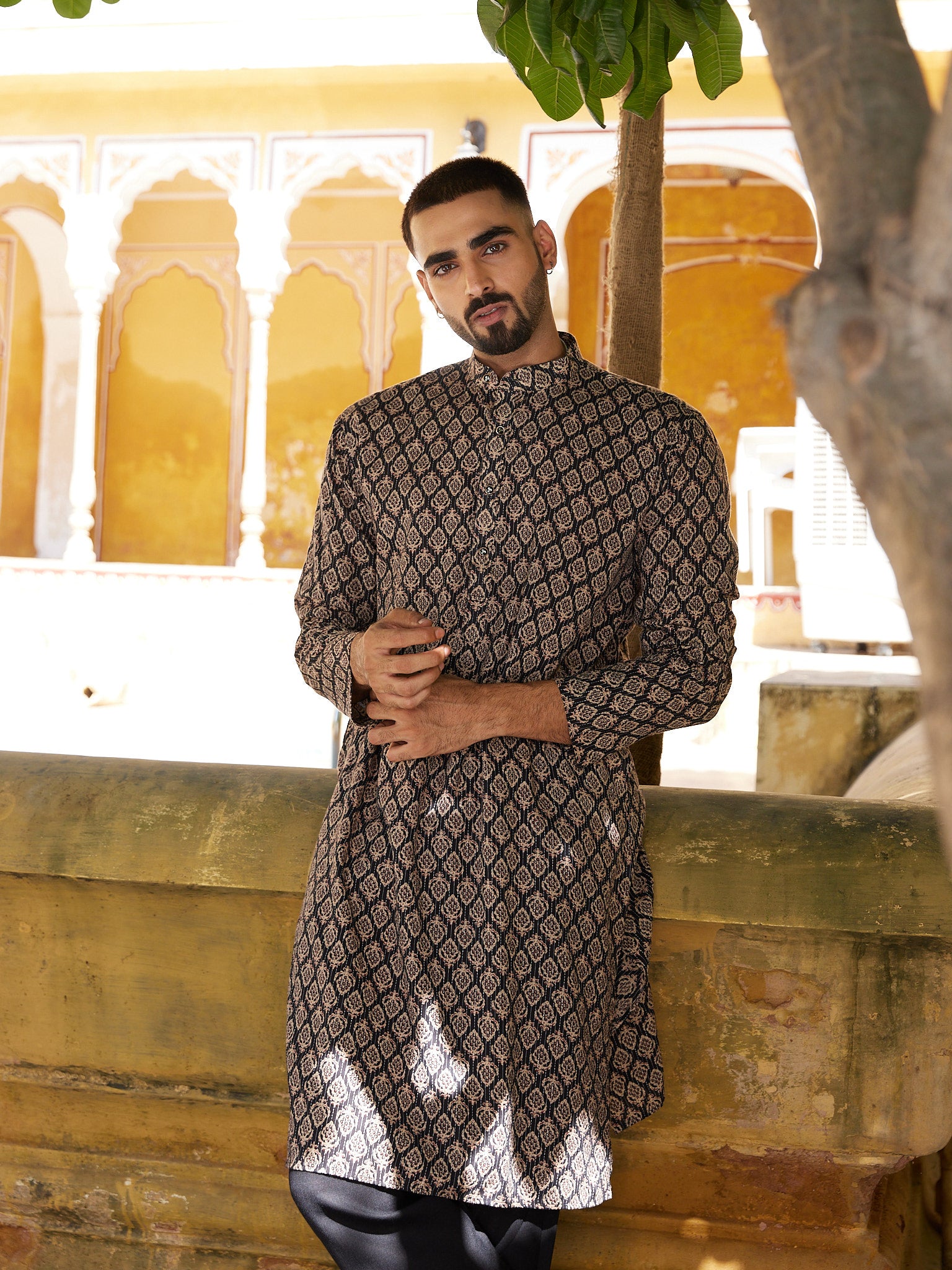 Cotton Black Kantha Work Men's Ethnic kurta