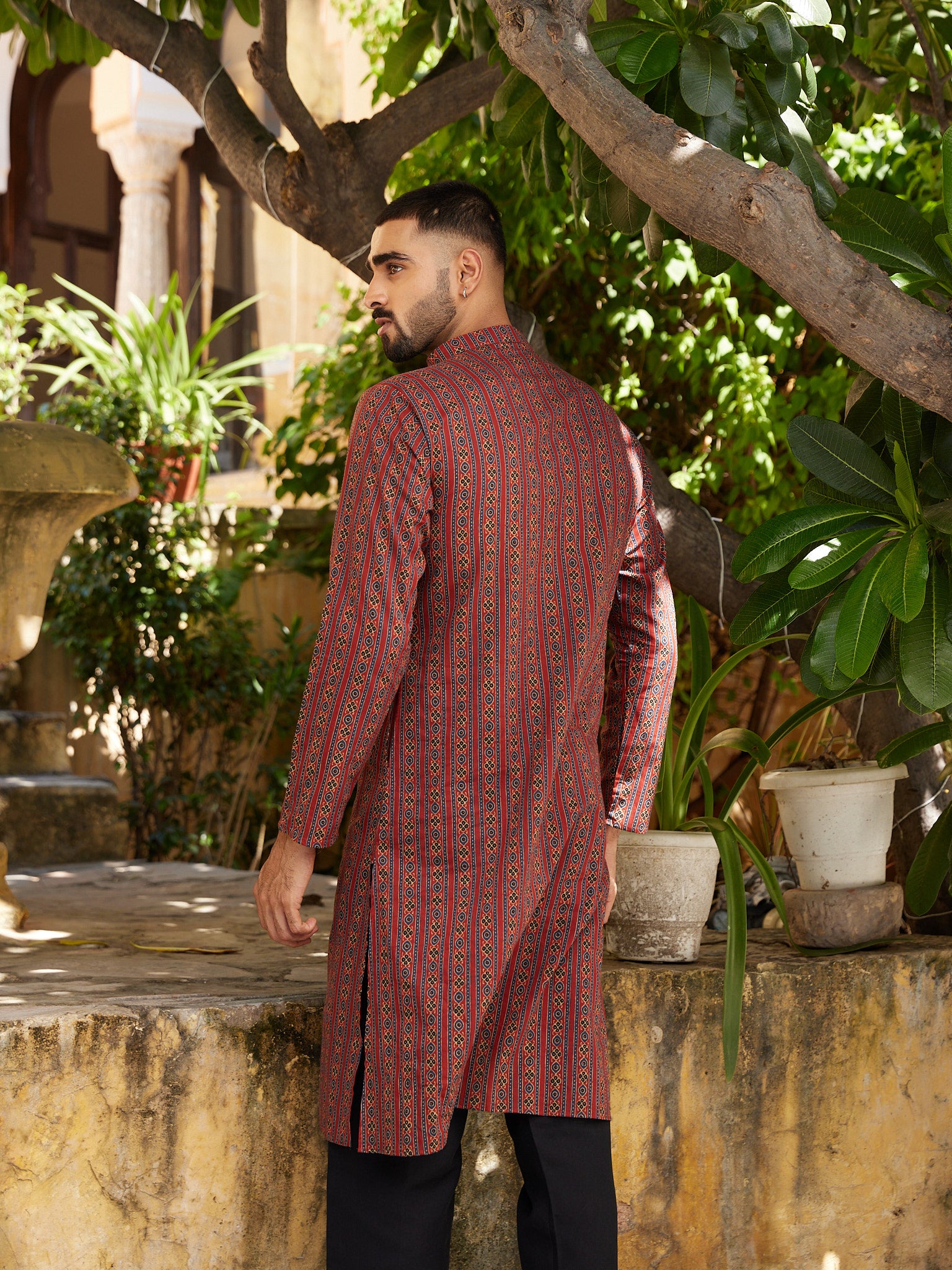 Cotton Red-Blue Men's Block Print Ethnic Kurta