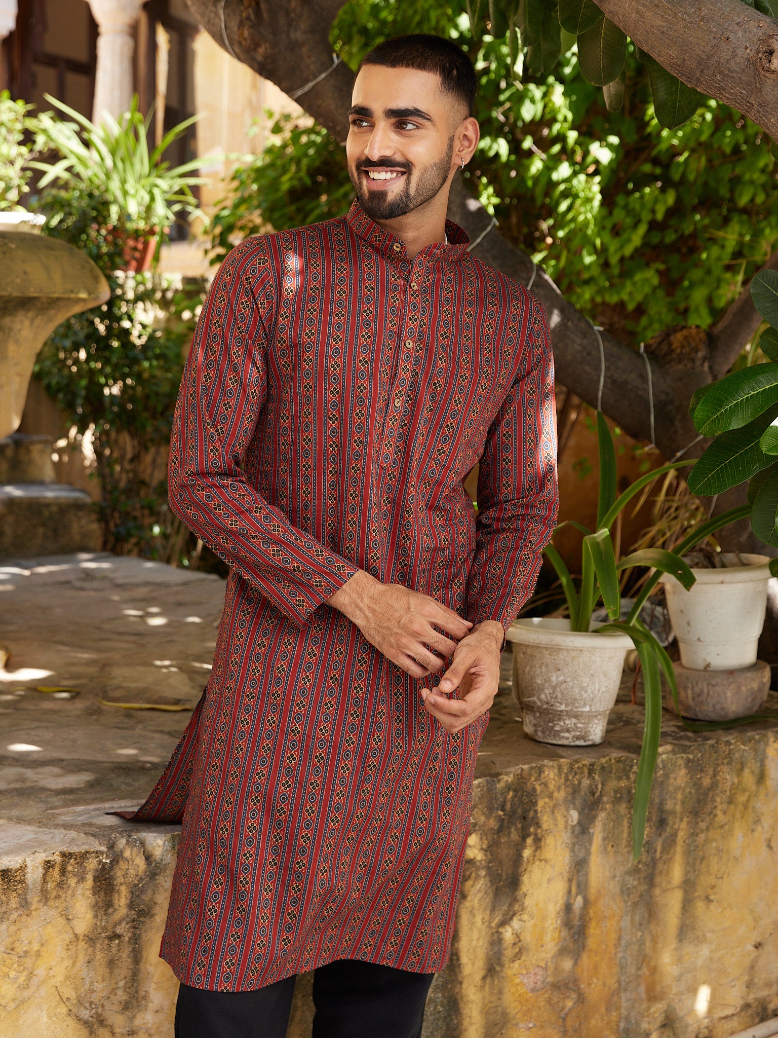 Cotton Red-Blue Men's Block Print Ethnic Kurta