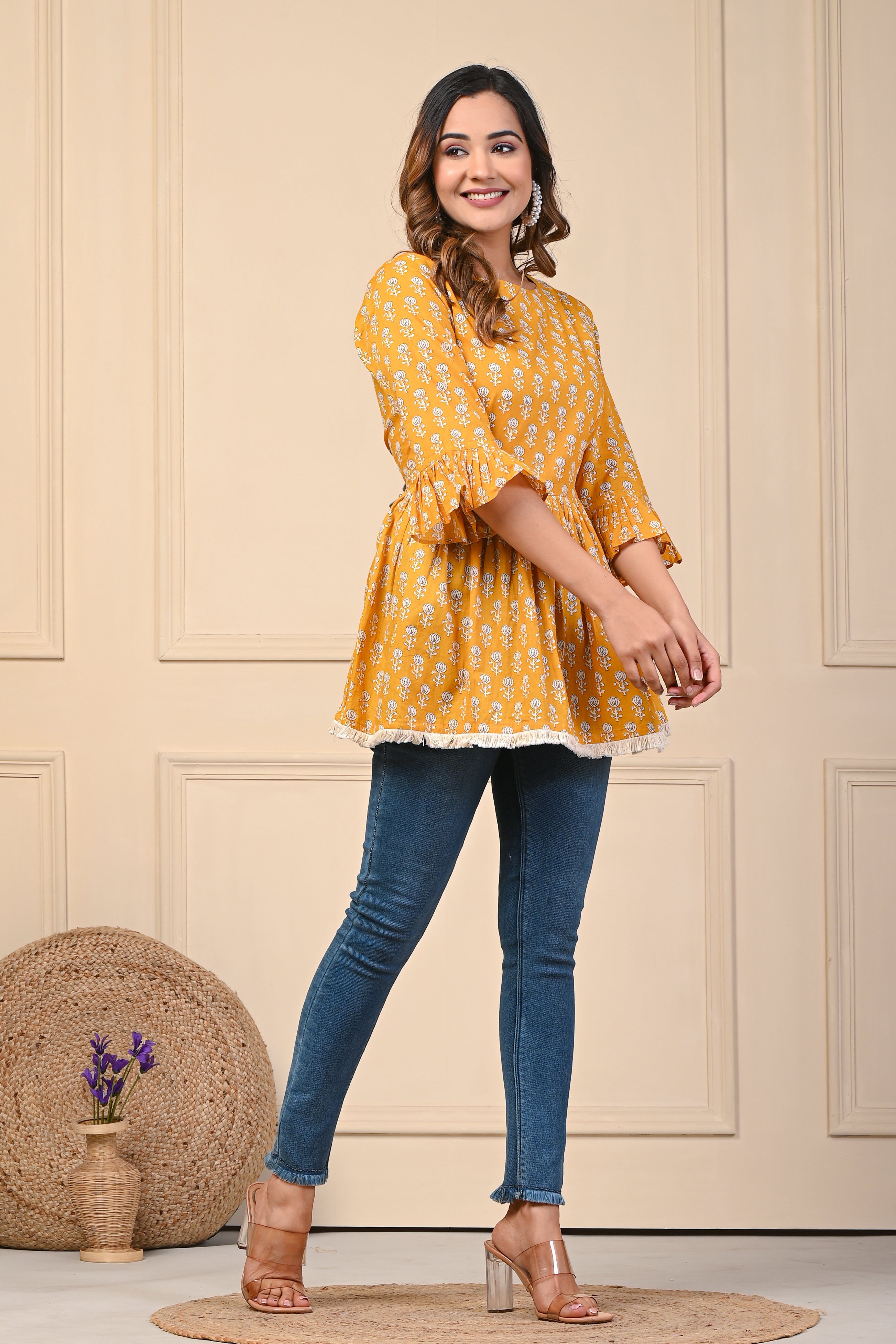Cotton Mustard White Motif Short Kurti