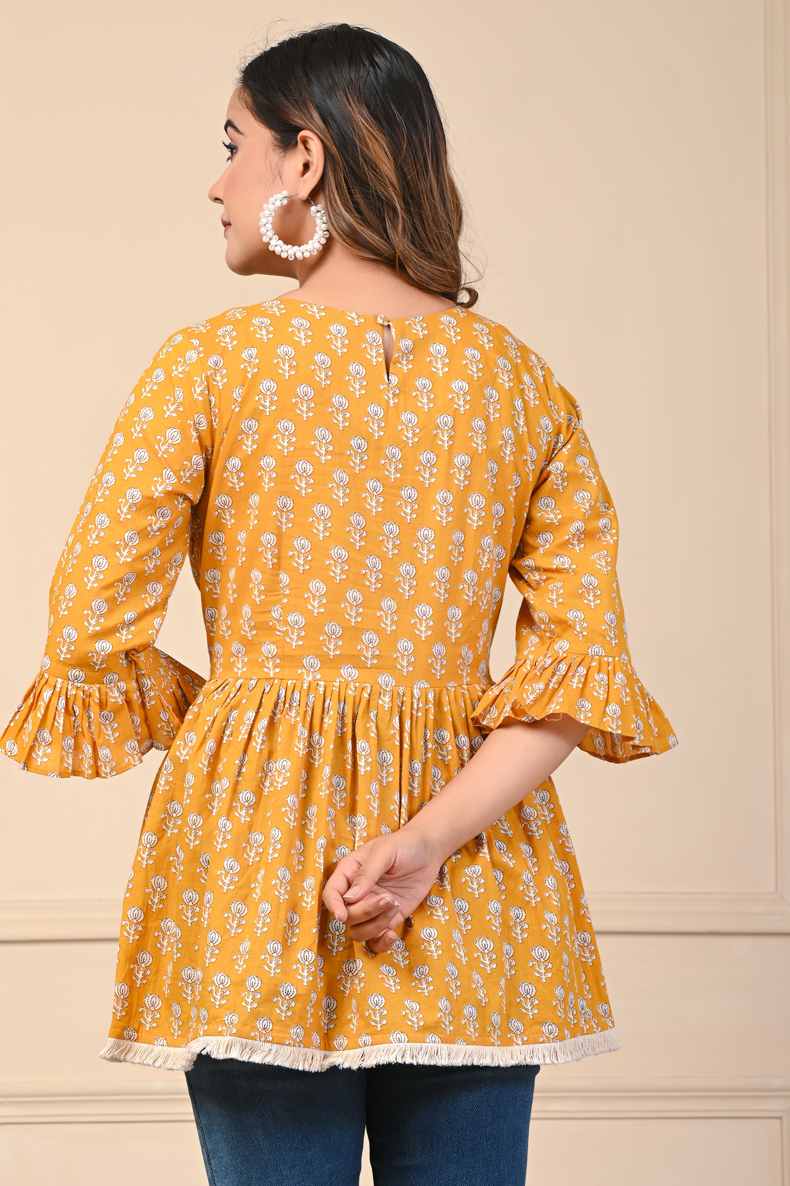 Cotton Mustard White Motif Short Kurti