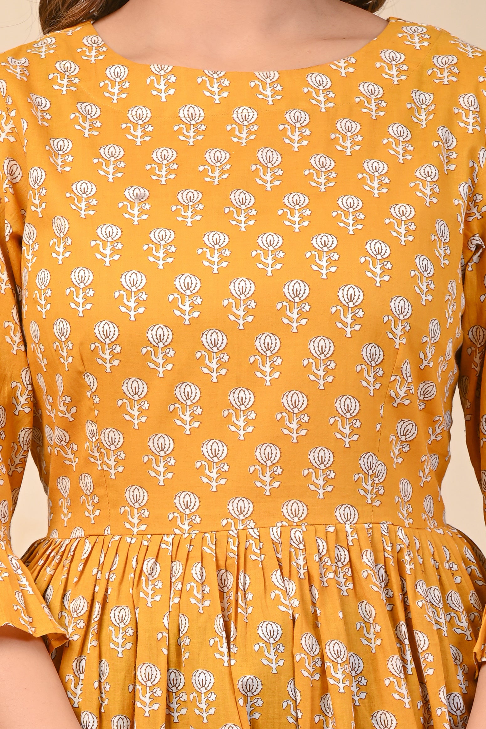 Cotton Mustard White Motif Short Kurti