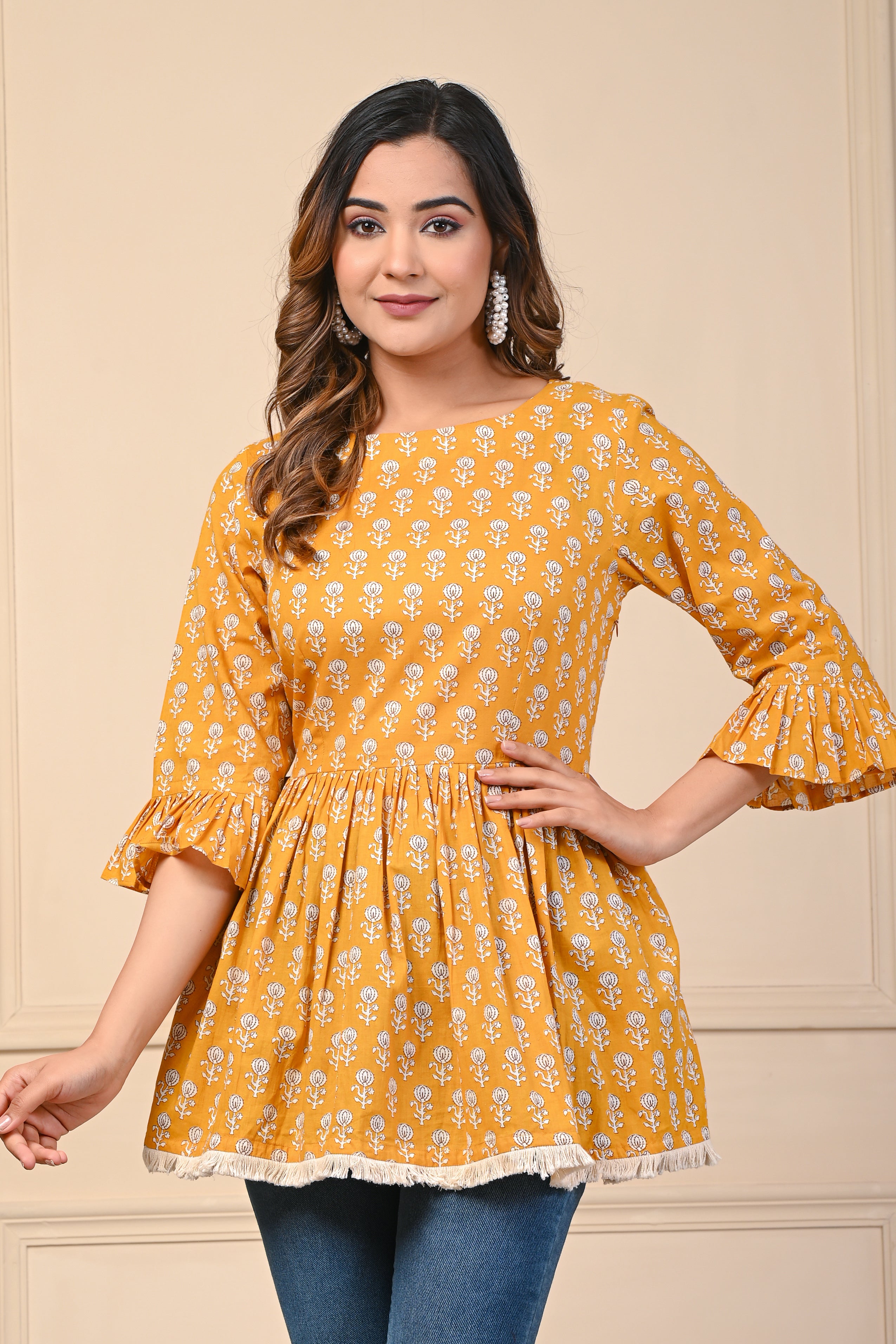 Cotton Mustard White Motif Short Kurti