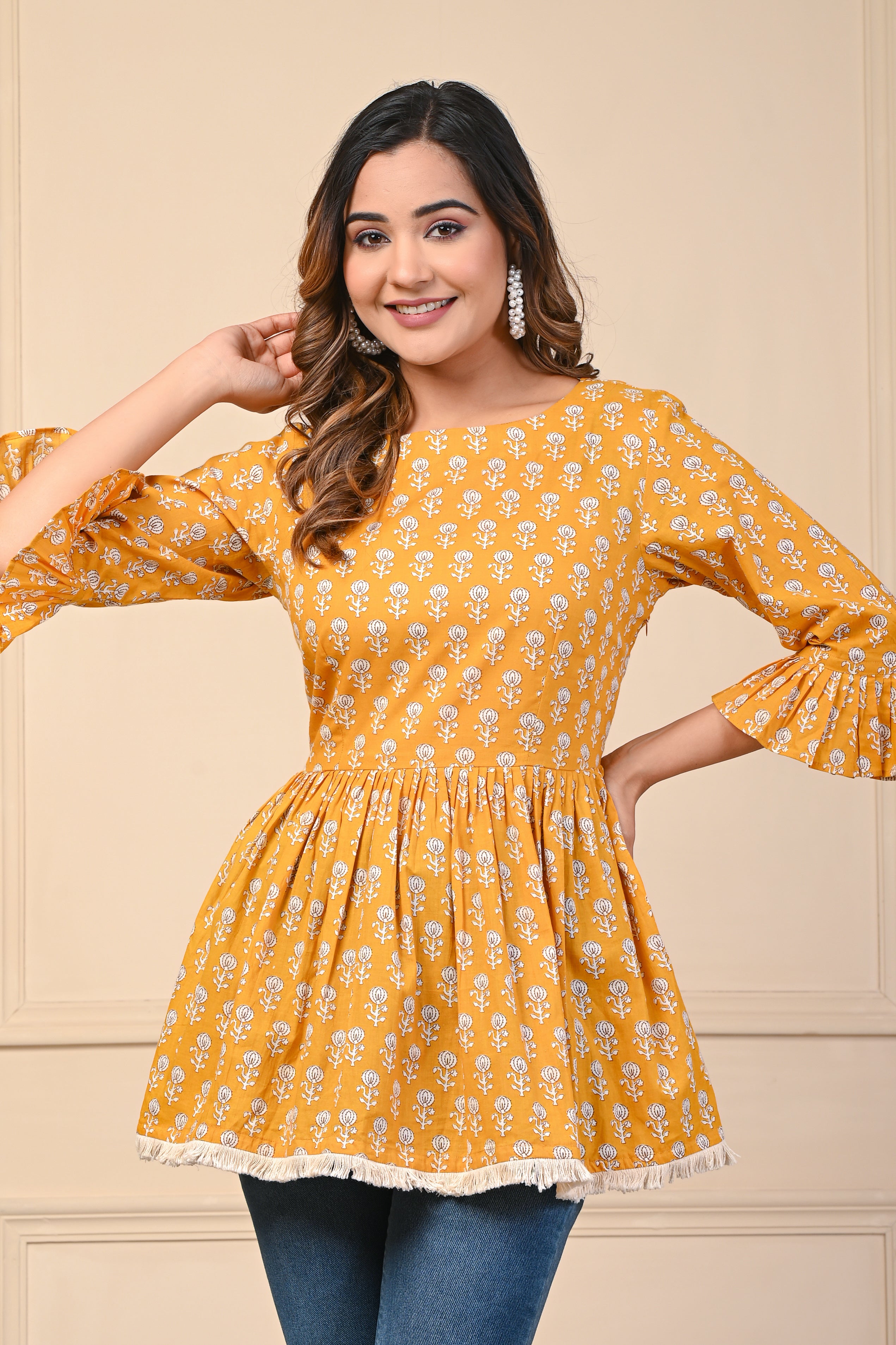 Cotton Mustard White Motif Short Kurti